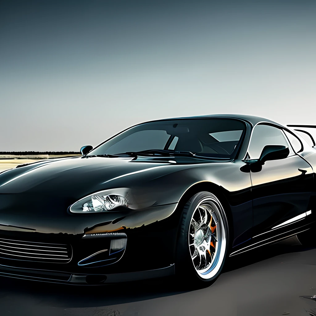 Black sports car, apparent v8 engine, diagonal view, realistic