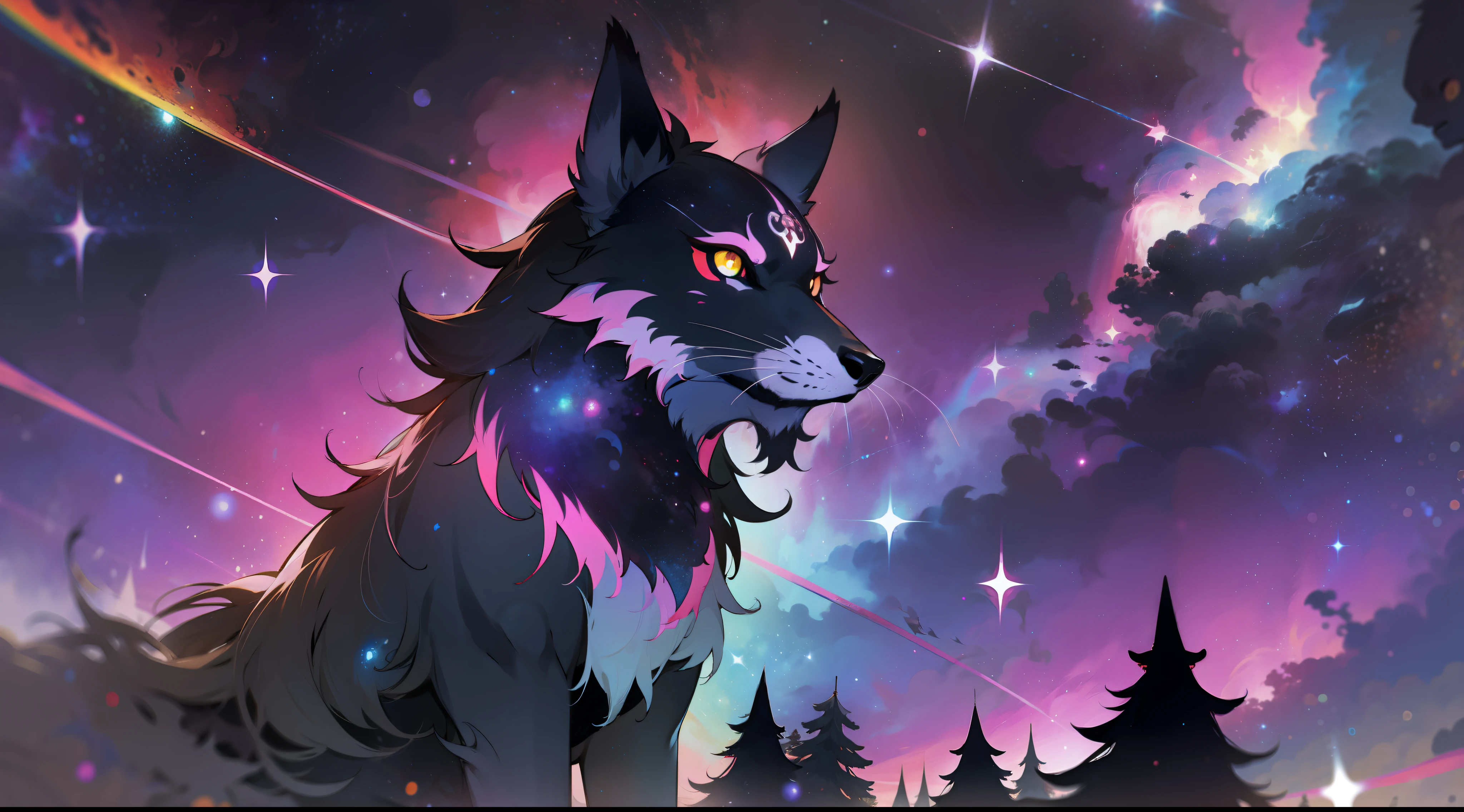 Mononoke hime with black wolves, in rainbow colored cosmic nebula background, stars, galaxies