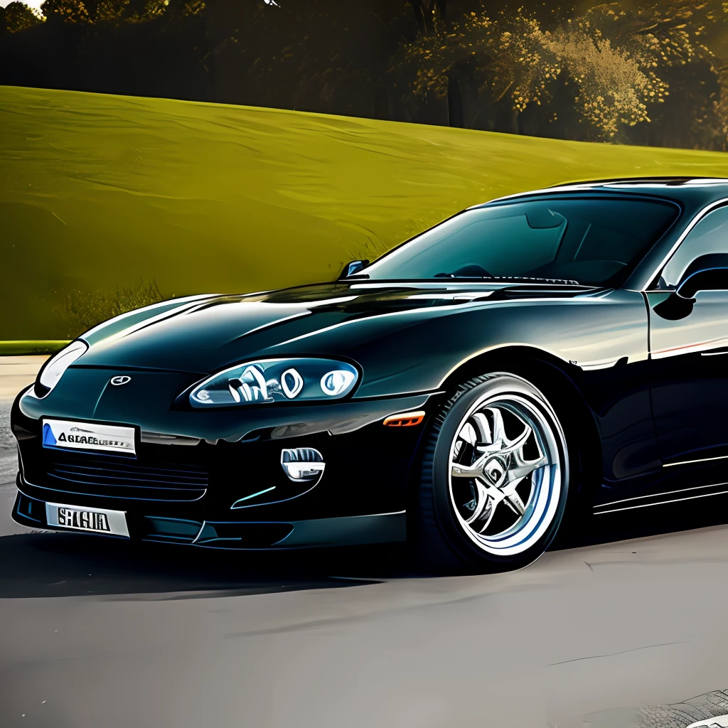 Black sports car, apparent v8 engine, diagonal view, realistic