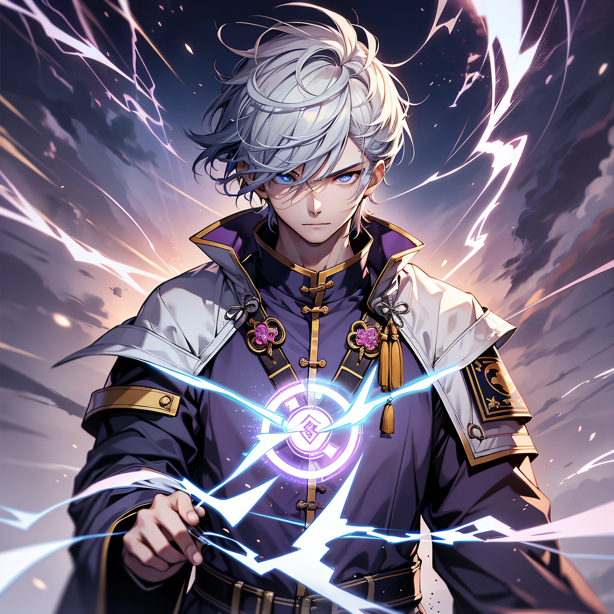 Ultra HD, Super Detail, High Detail, best quality, High quality,
A boy with short white hair, wearing a Chinese-style purple Taoist robe, blue eyes, Lightning mage, lightning dispersion