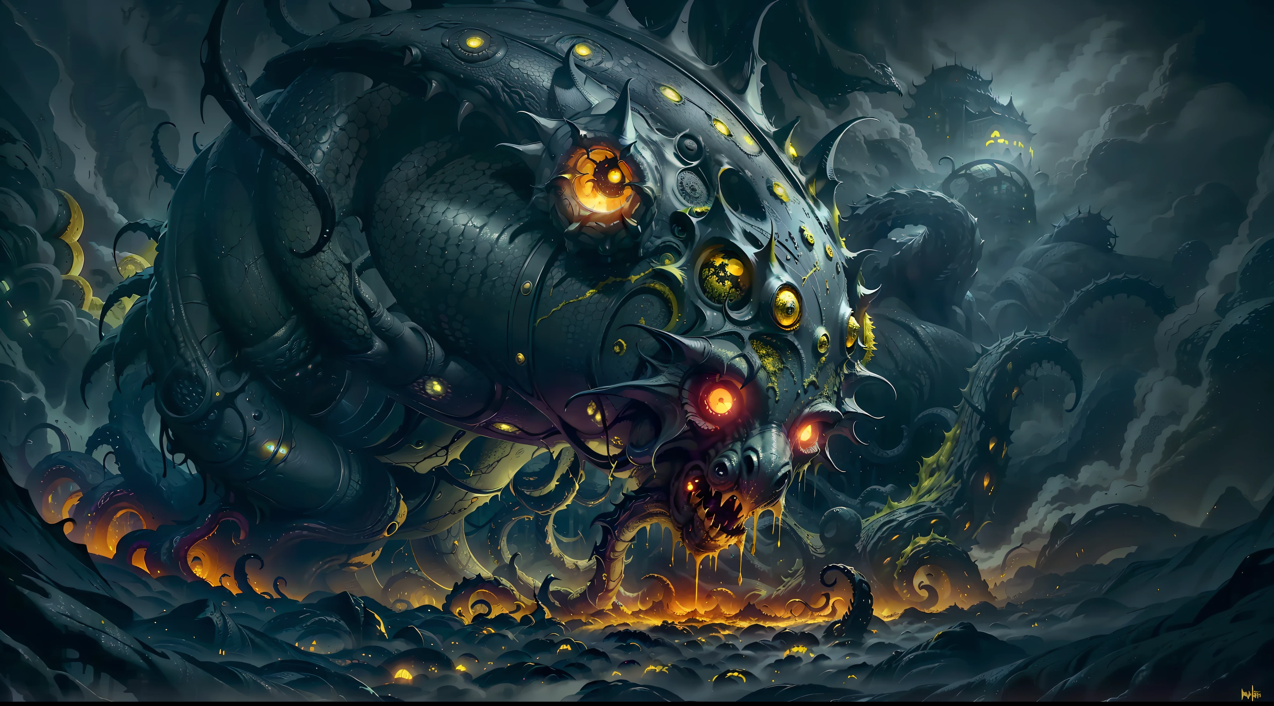 yellow and black, mystical monster, cosmic horror, monstrous creature, Lovecraft, with disgusting tentacles, surrounded by yellow fog, dark shadows, moss and blood, in a dark city, night