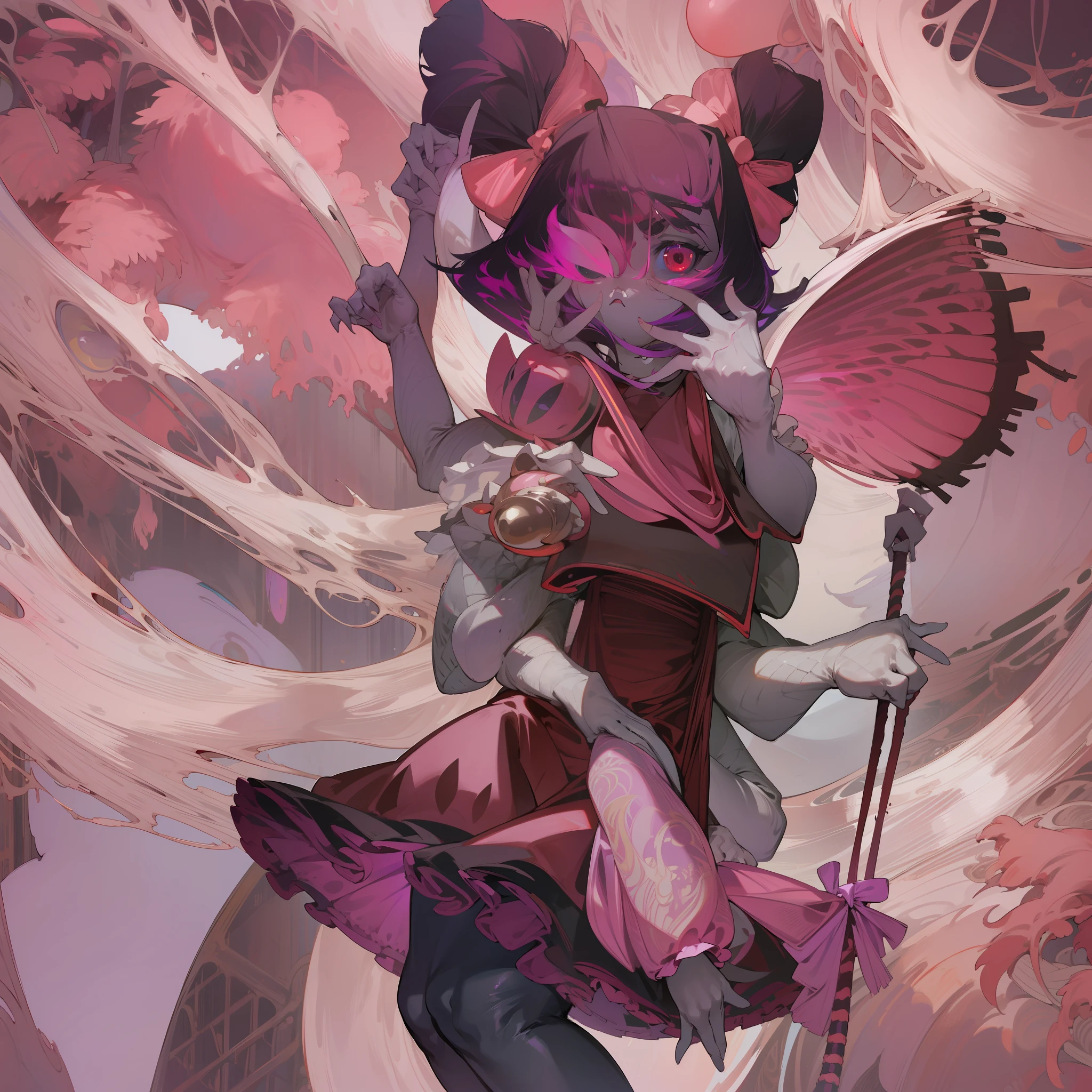 overlordentoma, (face), 1girl, solo, looking at viewer, smile, short hair, simple background, long sleeves, standing, very close portrait, red eyes, purple hair, pantyhose, frills, japanese clothes, shoes, wide sleeves, kimono, hair bun, black footwear, apron, sleeves past wrists, maid, maid headdress, fangs, standing on one leg, monster girl, colored sclera, antennae, arthropod girl, purple pantyhose, digital art, beautiful, detailed, perfect anatomy