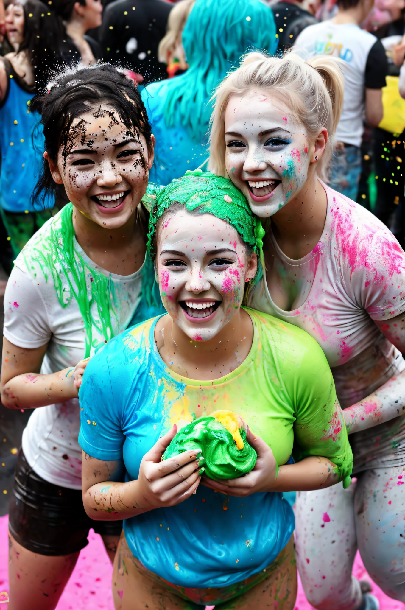 there are women covered in slime and cake and mud, splattered goo, slime, sticky, celebrating, uhd candid photo of dirty, gameshow, covered in white flour, celebration, cake, eating cakes, very very happy!, spatter, mixed art, gooey, gooey skin, action painting, awards winning