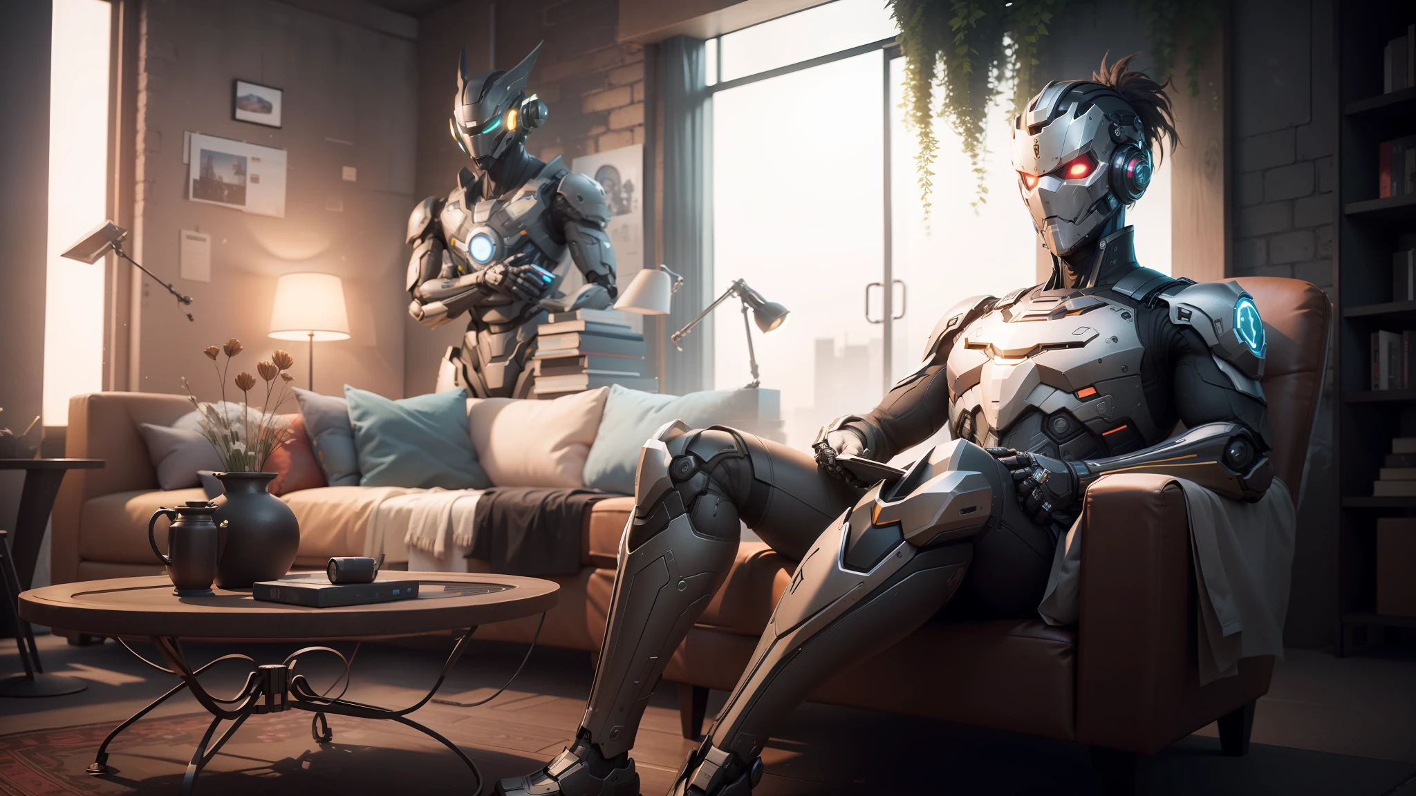there is a robot with a mask sitting on a chair reading a book, cgsociety 9, cgsociety unreal engine, unreal engine 5 », cgsociety ), nvidia promotional image, futuristic. game cg, unreal engine: .2, unreal engine 5 : :, unreal engine 7, unreal engine 5 render, cgsociety 4 k, cgsociety 4k, highly rendered unreal engine 5 --auto --s2