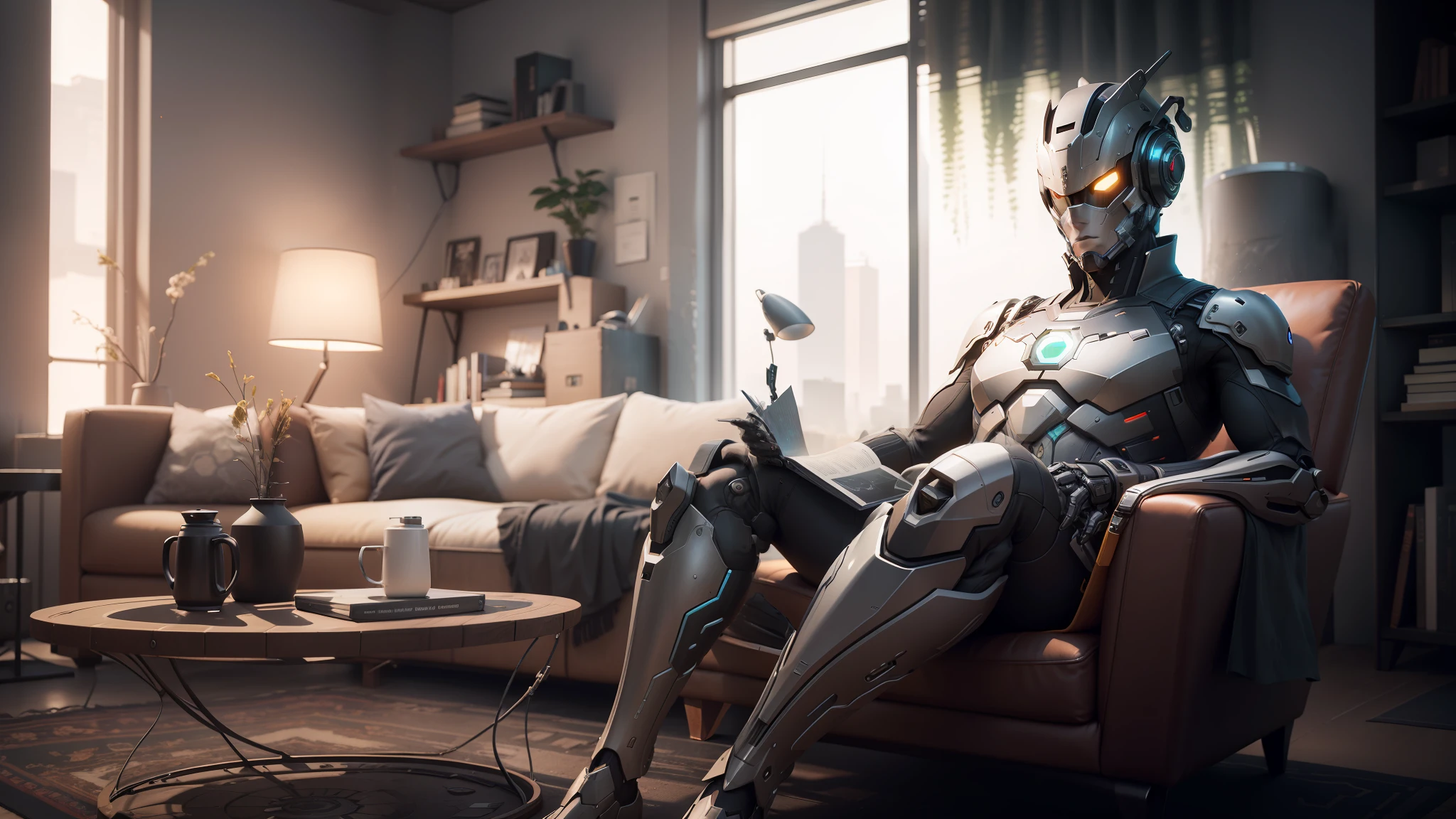 there is a robot with a mask sitting on a chair reading a book, cgsociety 9, cgsociety unreal engine, unreal engine 5 », cgsociety ), nvidia promotional image, futuristic. game cg, unreal engine: .2, unreal engine 5 : :, unreal engine 7, unreal engine 5 render, cgsociety 4 k, cgsociety 4k, highly rendered unreal engine 5 --auto --s2