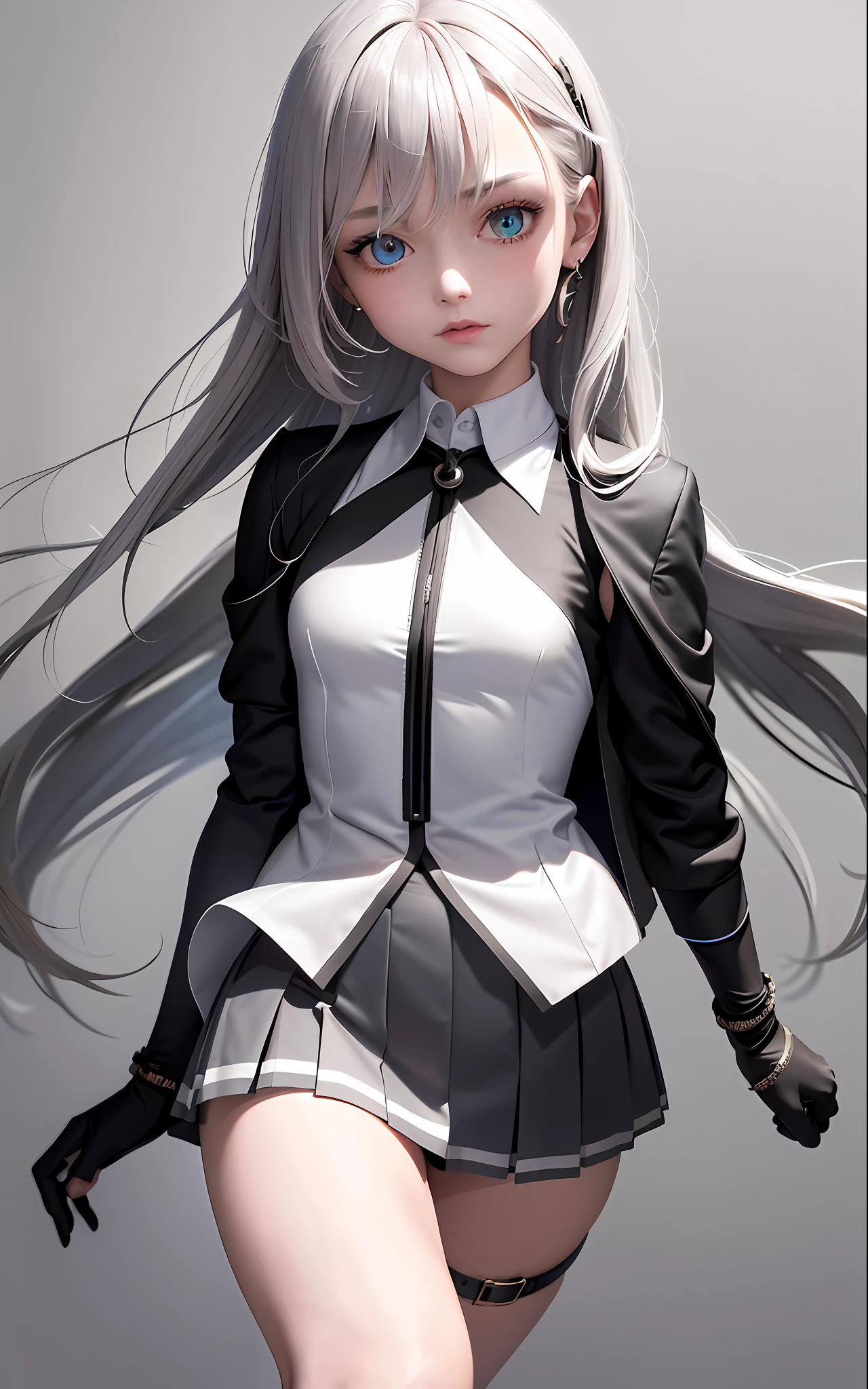 Superb Quality, Masterpiece, High Resolution, Best Quality, UHD, Super Detail, Award-Awarded, 16k, (Upper Body), A Beautiful Maiden, Gray Hair, Hair, ((Heterochromia)), Hanging Corners, Fair Skin, (Small Breasts), (Slim Body), (Japanese Student Uniform Including Chest Length Jacket and Short Skirt)), (Neck Ring), (Short Gloves as Short as Half a Palm)