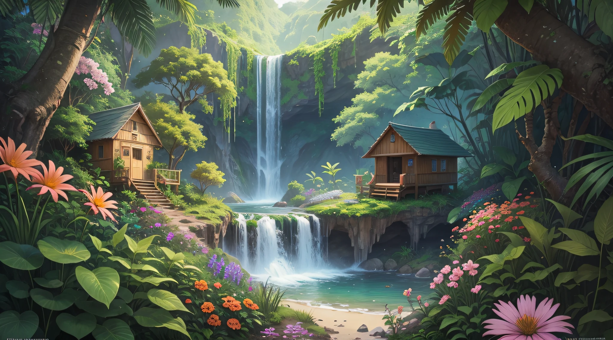 jungle, waterfall, surrounded with wild flowers. a tiny hut with a person standing on its porch, viewed from afar. masterpiece, best quality, high detailed