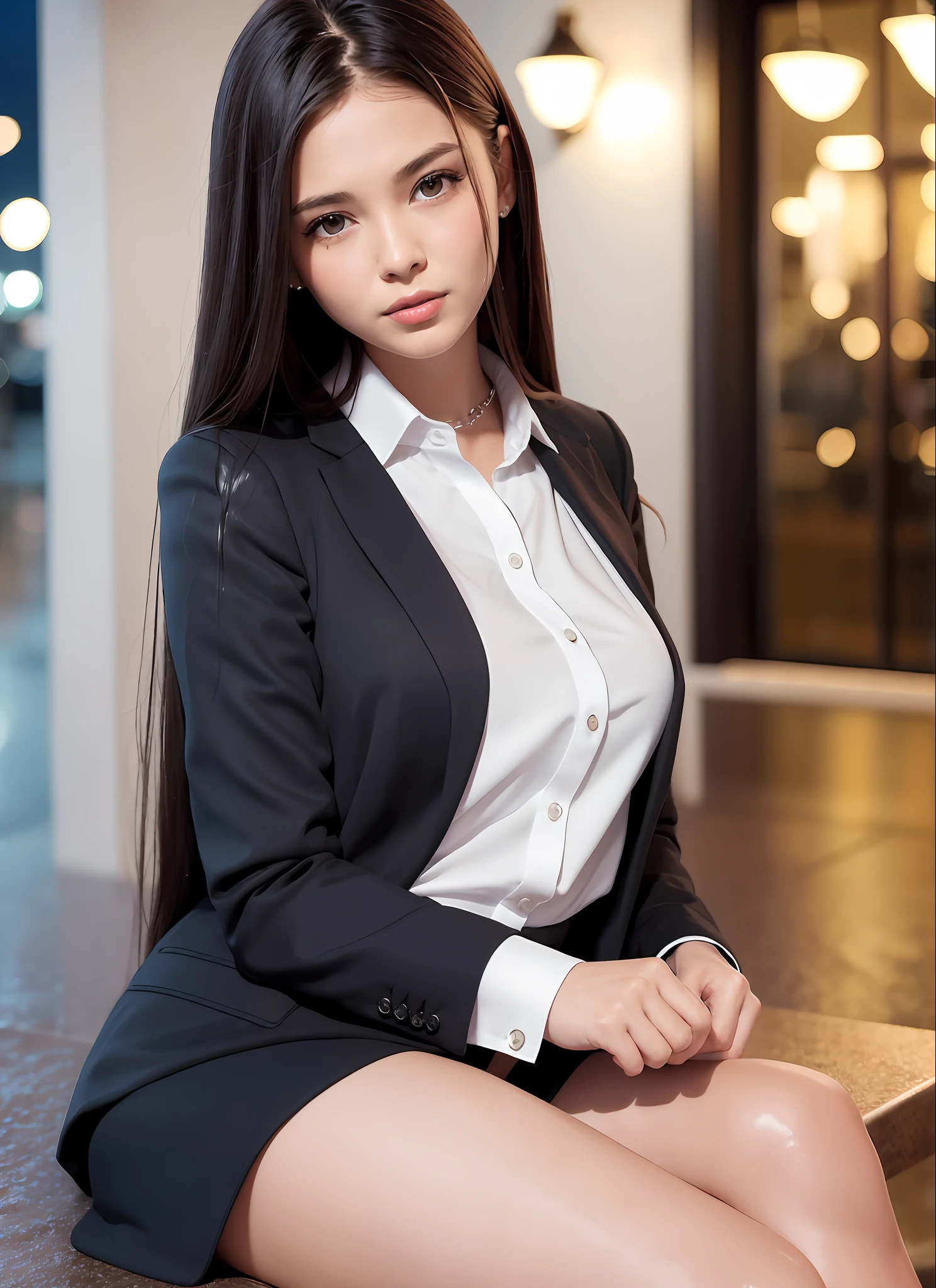 8K, best quality, masterpiece: 1.2) , super details, 1 girl, cute, independent, beautiful details sky, details cafe, night, sit down, date, (nose red) , sweet smile, (Smile: 1.15) , (shut up) small breasts, small beautiful details eyes, Turkish, (collar shirt: 1.1) , black and white business attire, night, wet, business dress, rain, long hair, brunette, flowing hair, NovaFrog style, cat,