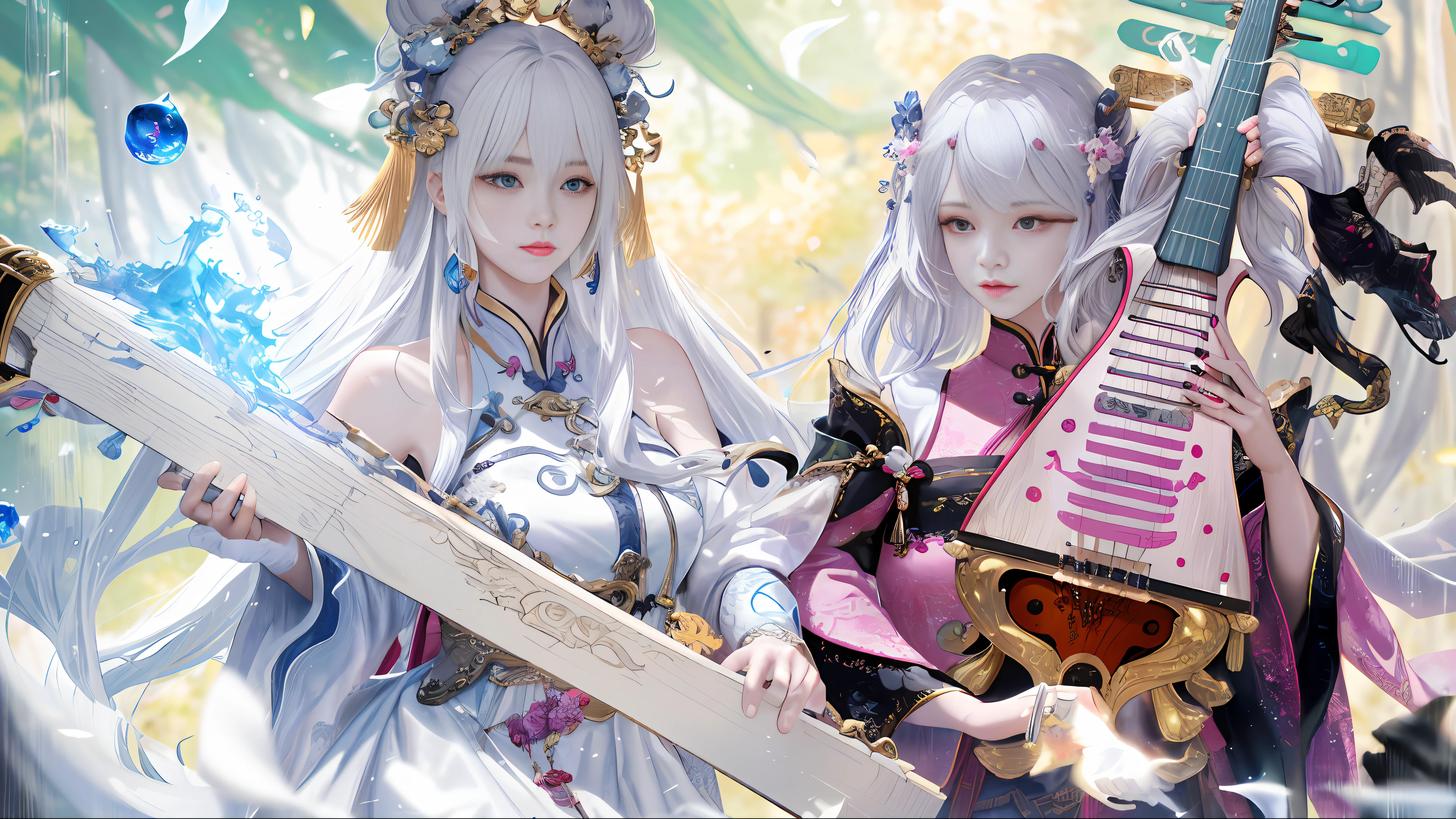a picture inspired by Wang Duo, trending on cg society, (fantasy violin), world of lute, ethereal fantasy, queen and ruler of the universe, xianxia fantasy, guweiz masterpiece, guweiz, fantasy violin, wlop and sakimichan, Two ancient girls, white hair, rococo, motion blur, speed lines, vignetting, motion blur, UHD, retina, high details, best quality, 4K, best quality, highres, high details, high quality, 4K