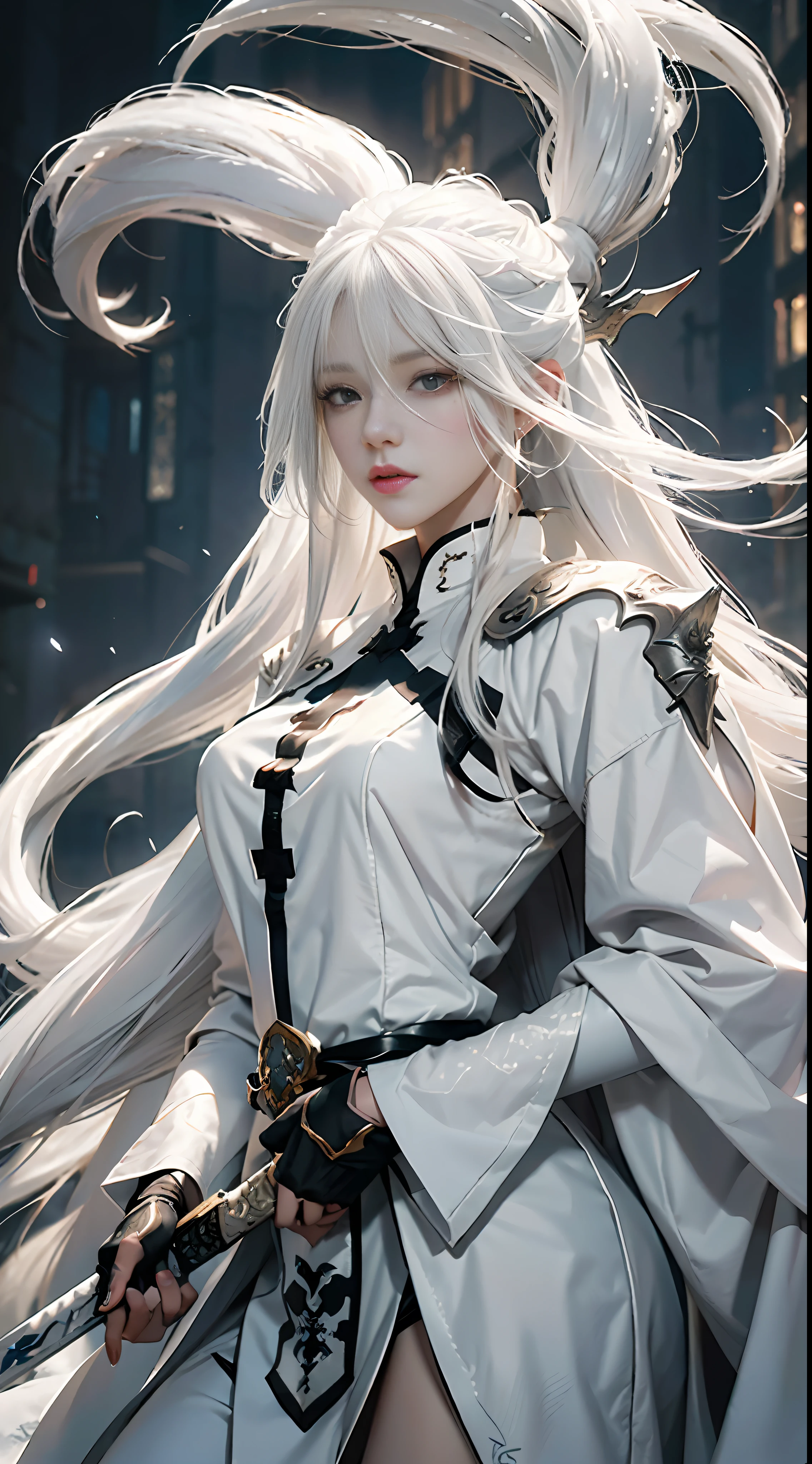 a close up of a person with white hair and a sword, white haired deity, with white long hair, with long white hair, artwork in the style of guweiz, white haired, guweiz, handsome guy in demon slayer art, beautiful character painting, by Yang J, white-haired, guweiz on pixiv artstation, anime character