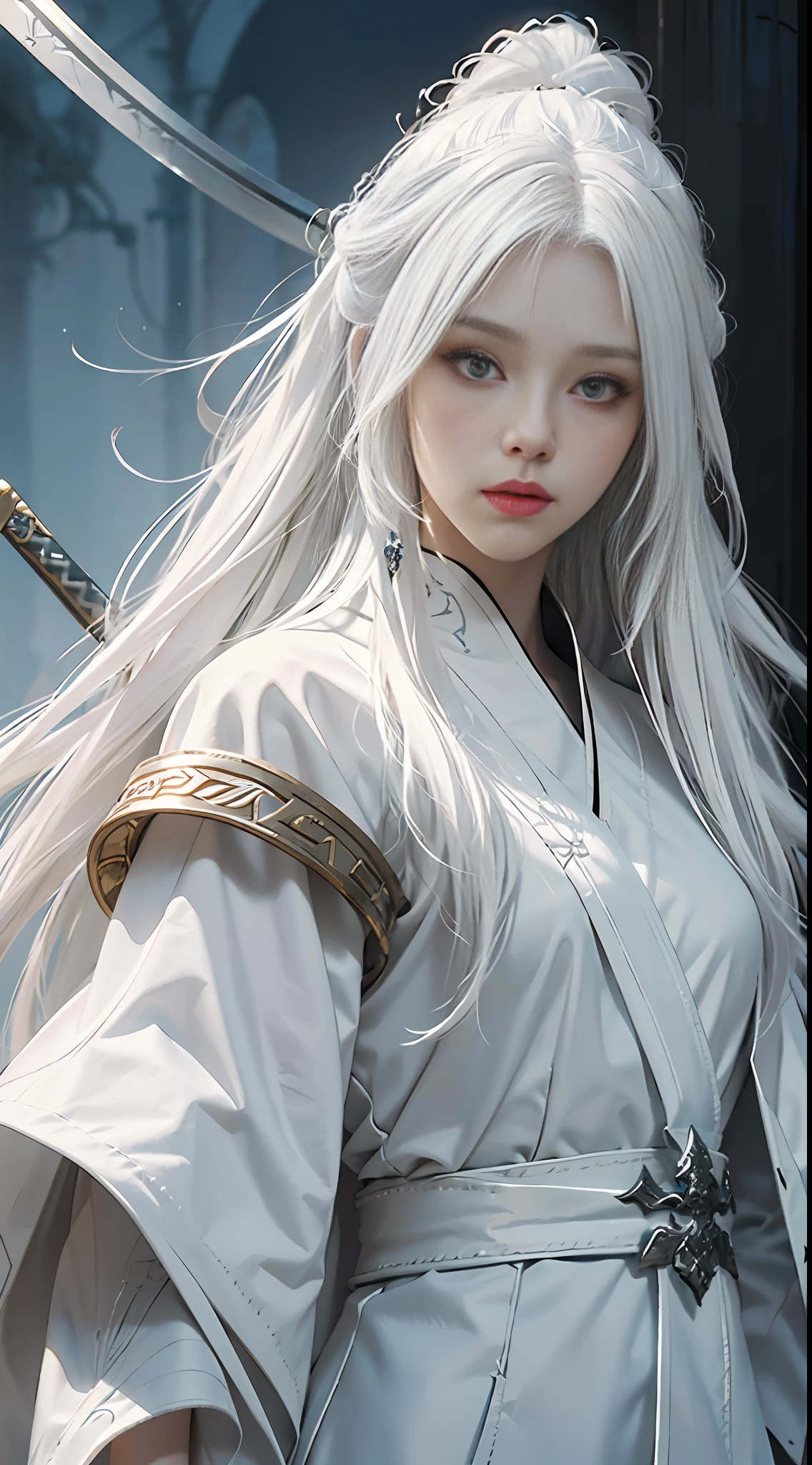 a close up of a person with white hair and a sword, white haired deity, with white long hair, with long white hair, artwork in the style of guweiz, white haired, guweiz, handsome guy in demon slayer art, beautiful character painting, by Yang J, white-haired, guweiz on pixiv artstation, anime character