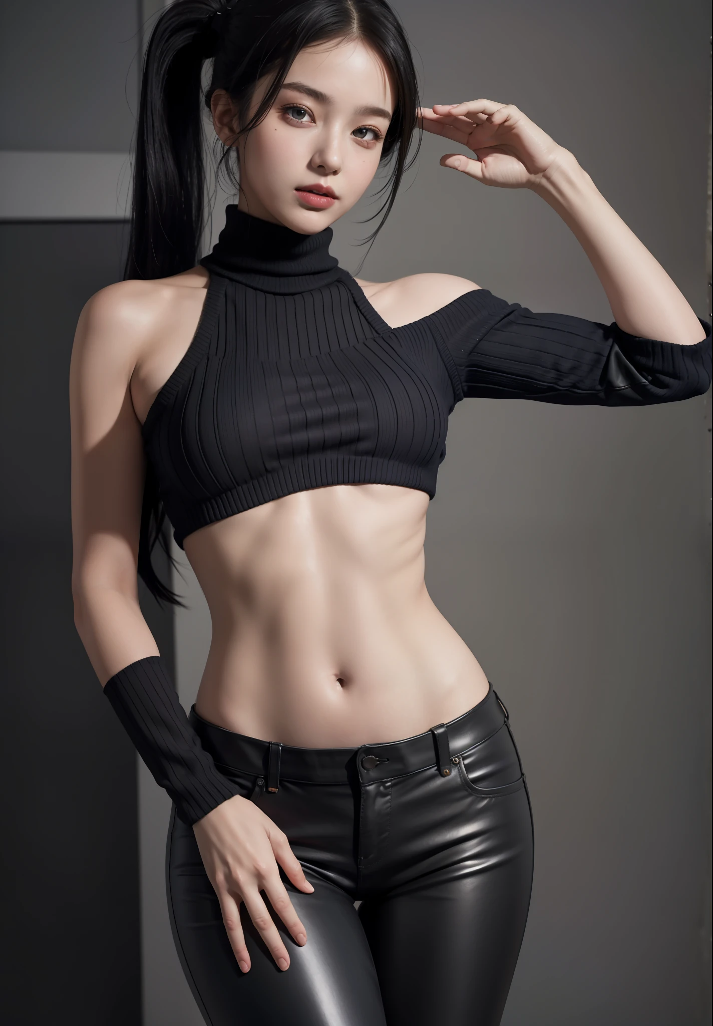 Best Quality, Masterpiece, Ultra High Resolution, (Realisticity: 1.4), Original Photo, 1Girl, Bare Shoulder, Film Lighting, Conservative Clothing, Leather Pants, Sweater, Belly, Double Ponytail,