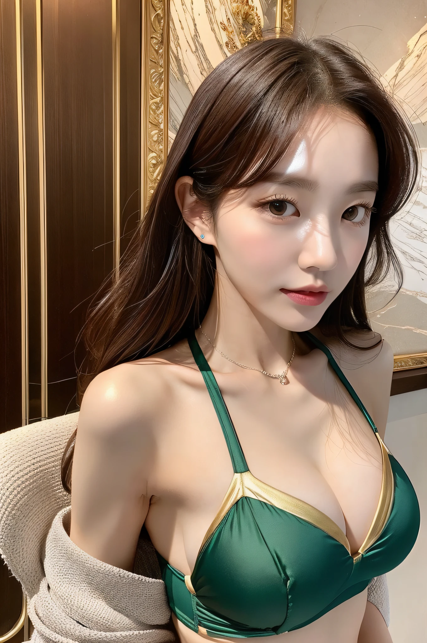 sonyoonjoo, 1girl, solo, realistic,:1.6, (masterpiece, pretty people,), detailed skin texture, exquisite and detailed face, masterpiece, collarbone, slim waist, slimming, swimsuit. Luxury hotel background