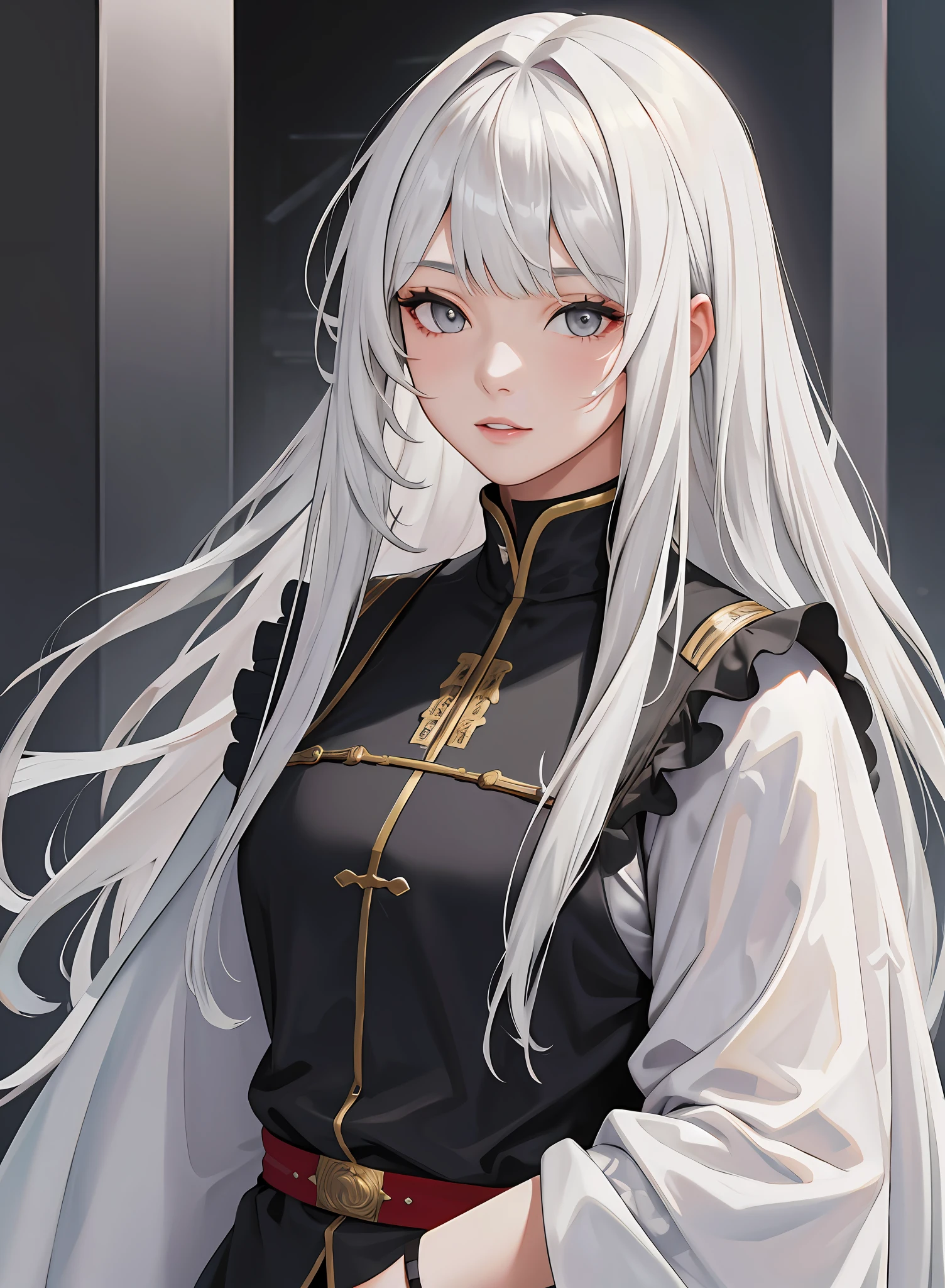 Best Quality, Masterpiece, High Resolution, 1Girl, Woman, Solo, Upper Body, Long White Hair, Bangs, Gray Eyes