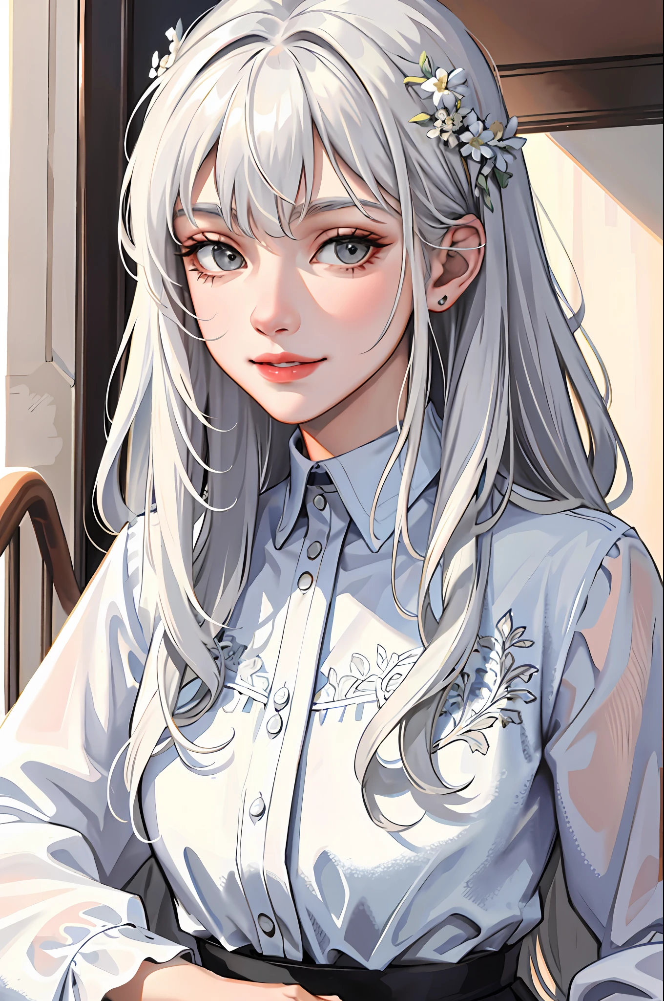 (masterpiece: 1.2, best quality), (real picture, intricate details), 1lady, solo, upper body, casual, long white hair, bangs, gray eyes, minimum makeup, natural fabrics, close-up face, smile, home