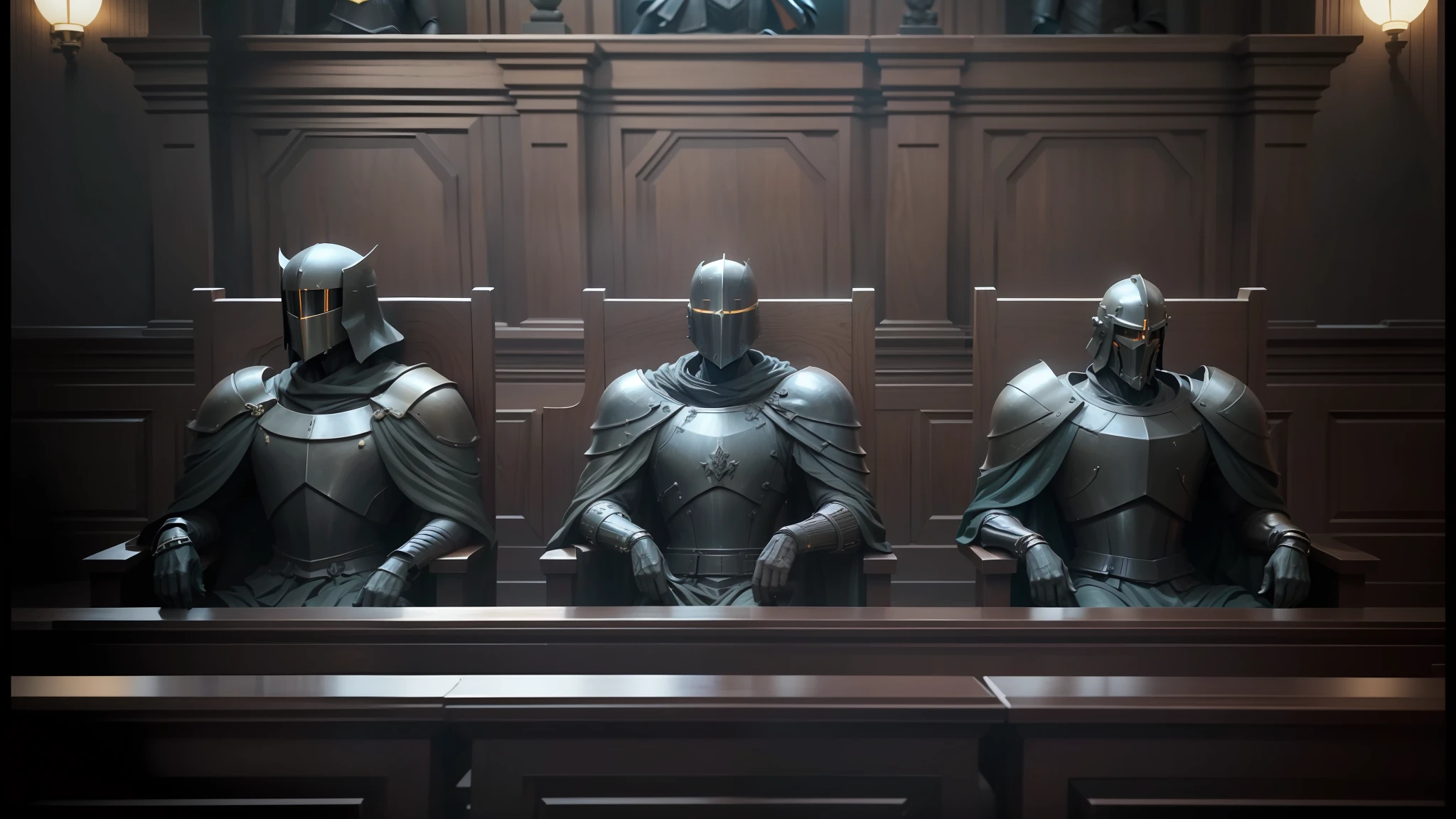 three statues of knights sitting in a courtroom with a wooden paneled wall, love death + robots, love death and robots, death and robots two in the void, seated in court, lawyer suit, death and robots, lawyer clothing, cgsociety 9, film still from movie dune-2021, still from a music video, arknights --auto --s2