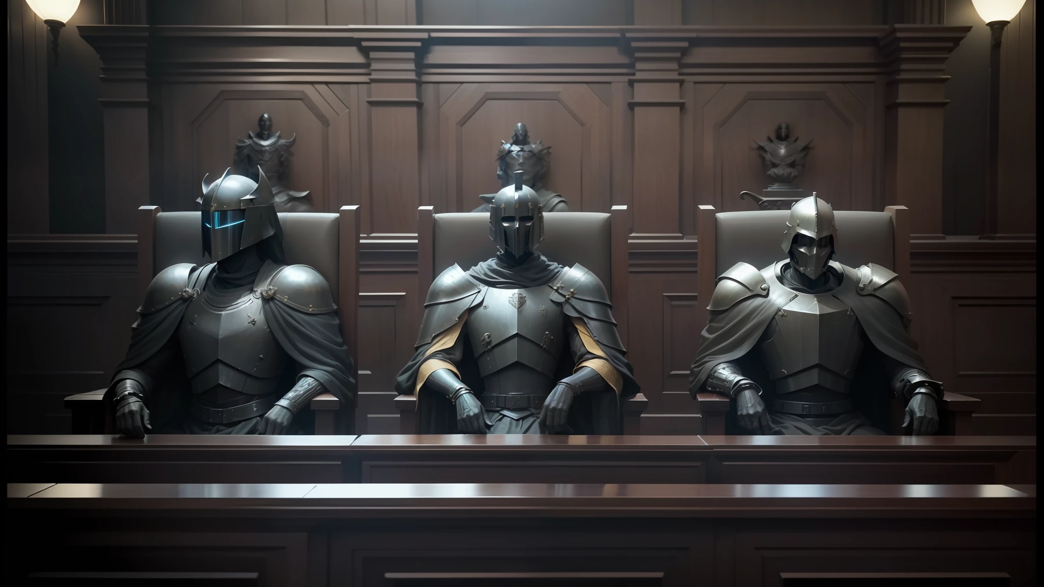 three statues of knights sitting in a courtroom with a wooden paneled wall, love death + robots, love death and robots, death and robots two in the void, seated in court, lawyer suit, death and robots, lawyer clothing, cgsociety 9, film still from movie dune-2021, still from a music video, arknights --auto --s2