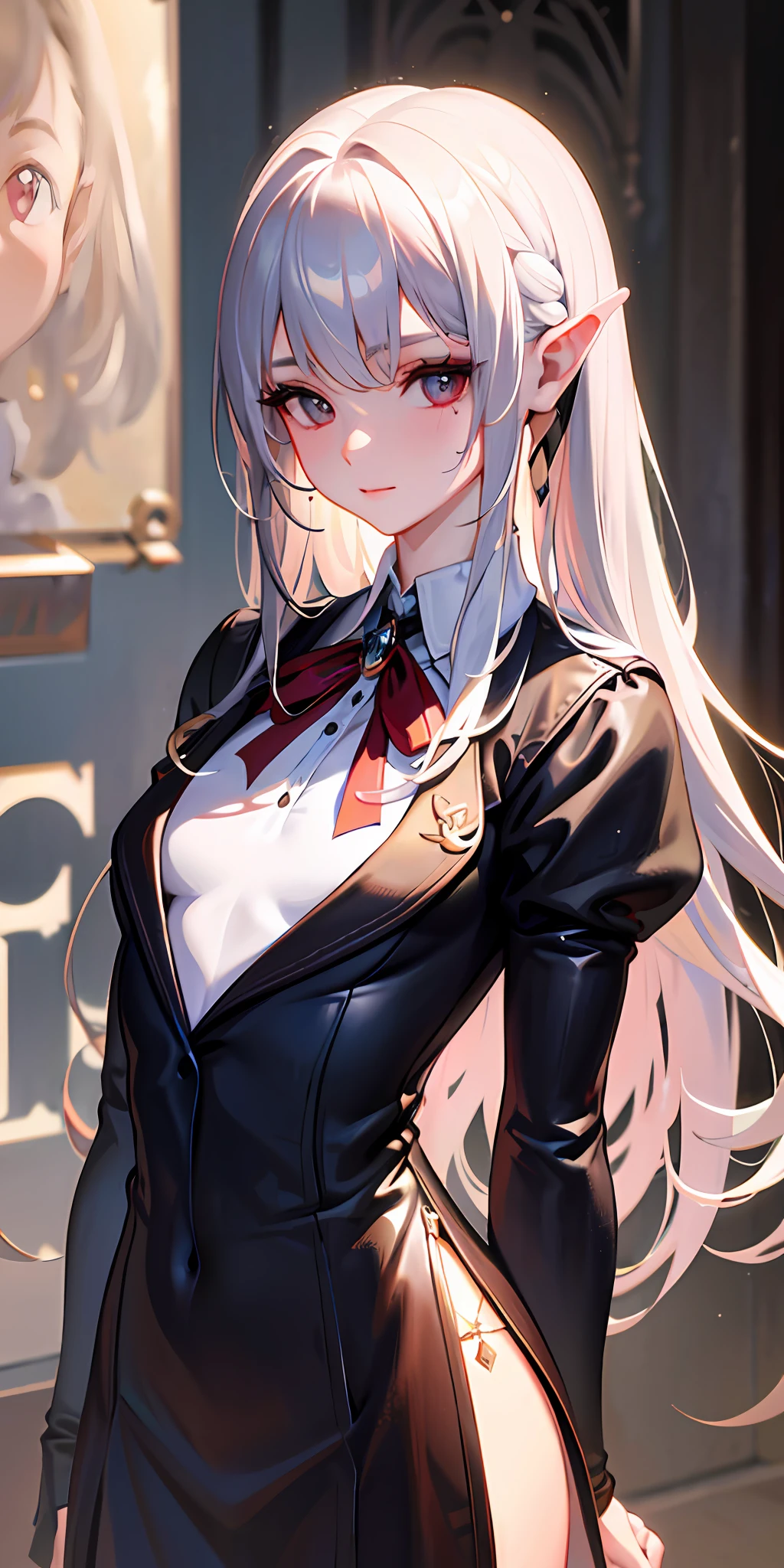 (masterpiece, sidelighting, finely detailed beautiful eyes: 1.2), (masterpiece*portrait), portrait, (bust), realistic, 3d face, lusious skin, ((solo)), (perfect face), (face close-up), scarlet eyes, hanging eye corners, (head and neck length 2 to 1), ((High detail skin, visible pores)), (Perfect body), beautiful steampunk girl, small breasts, student union uniform