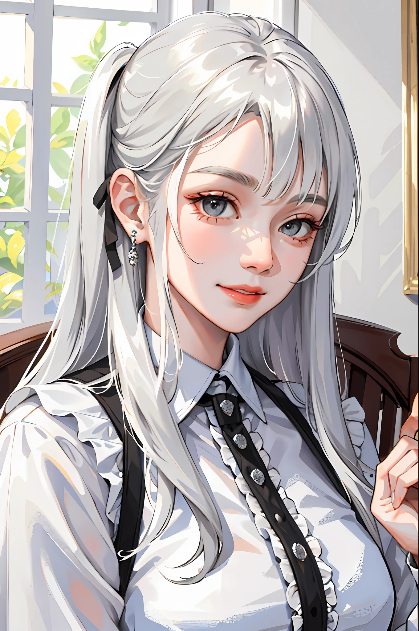 (masterpiece: 1.2, best quality), (real picture, intricate details), 1lady, solo, upper body, casual, long white hair, bangs, gray eyes, minimum makeup, natural fabrics, close-up face, smile, home