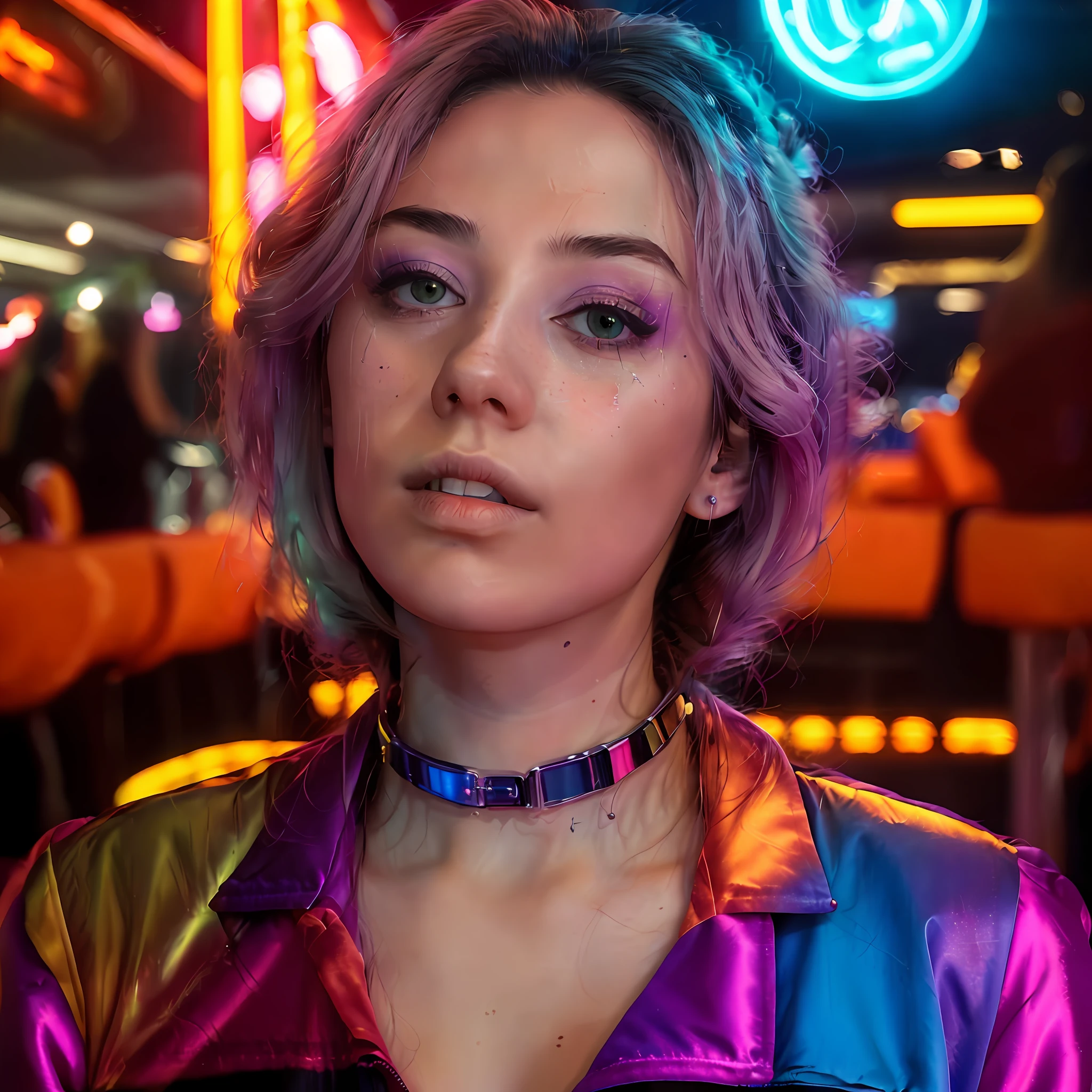 a close up of a woman with a colorful choke and a neon jacket, colorful glow, neon cyberpunk highlights, anna nikonova aka newmilky, sydney sweeney, dreamy colorful cyberpunk colors, with neon lights, neon cyberpunk style, portrait sophie mudd, cyberpunk style color, neon cyberpunk colors, ultraviolet and neon colors, colorful aesthetic, bright cyberpunk glow, neon hair, ((Top Quality, 8k, Masterpiece: 1.3)), Beauty, 1 Girl, Big: 1.3, Slender Abs: 1.1, Dark Brown Hair, (Lying in Bed, Open Legs: 1.2), Ultra Detailed Face, Highly Detailed Lips, Detailed Eyes, Double Eyelids, Bra Red