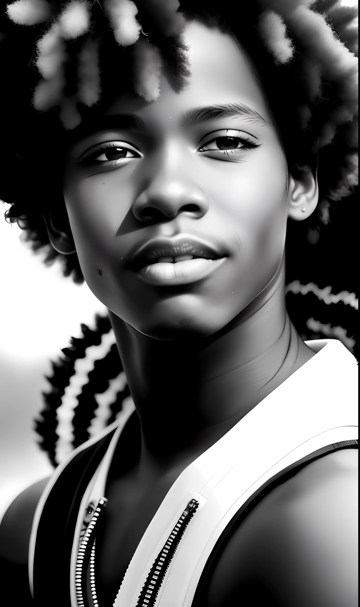 Extreme Macro, close-up black and white sleeve, African-American black teenage boy with a shy flirtatious expression, gorgeous manga-style eyes by Ray Caesar, artgerm exaggerated facial features