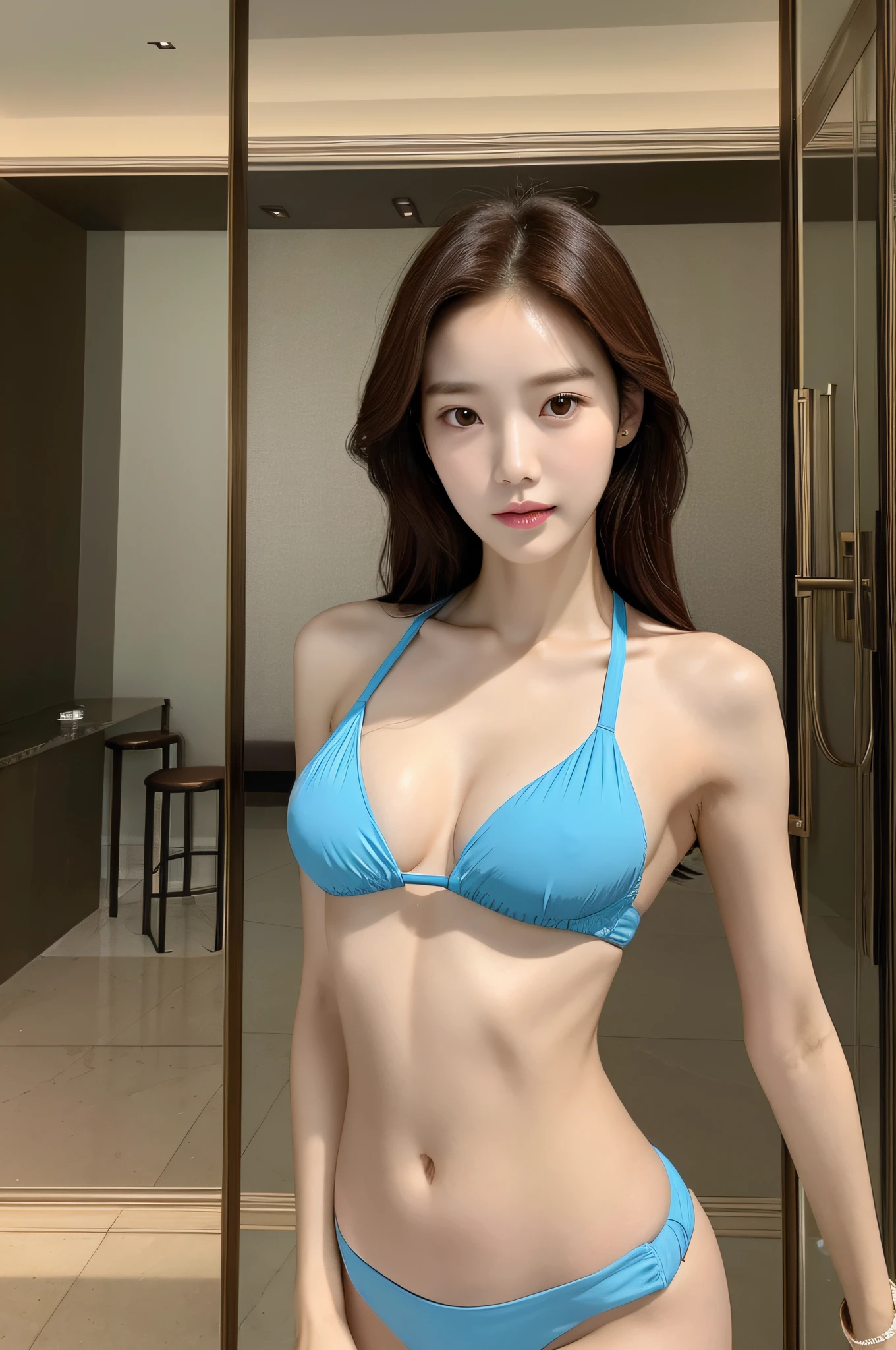 sonyoonjoo, 1girl, solo, realistic,:1.6, (masterpiece, pretty people,), detailed skin texture, exquisite and detailed face, masterpiece, collarbone, slim waist, slimming, swimsuit. Luxury hotel background