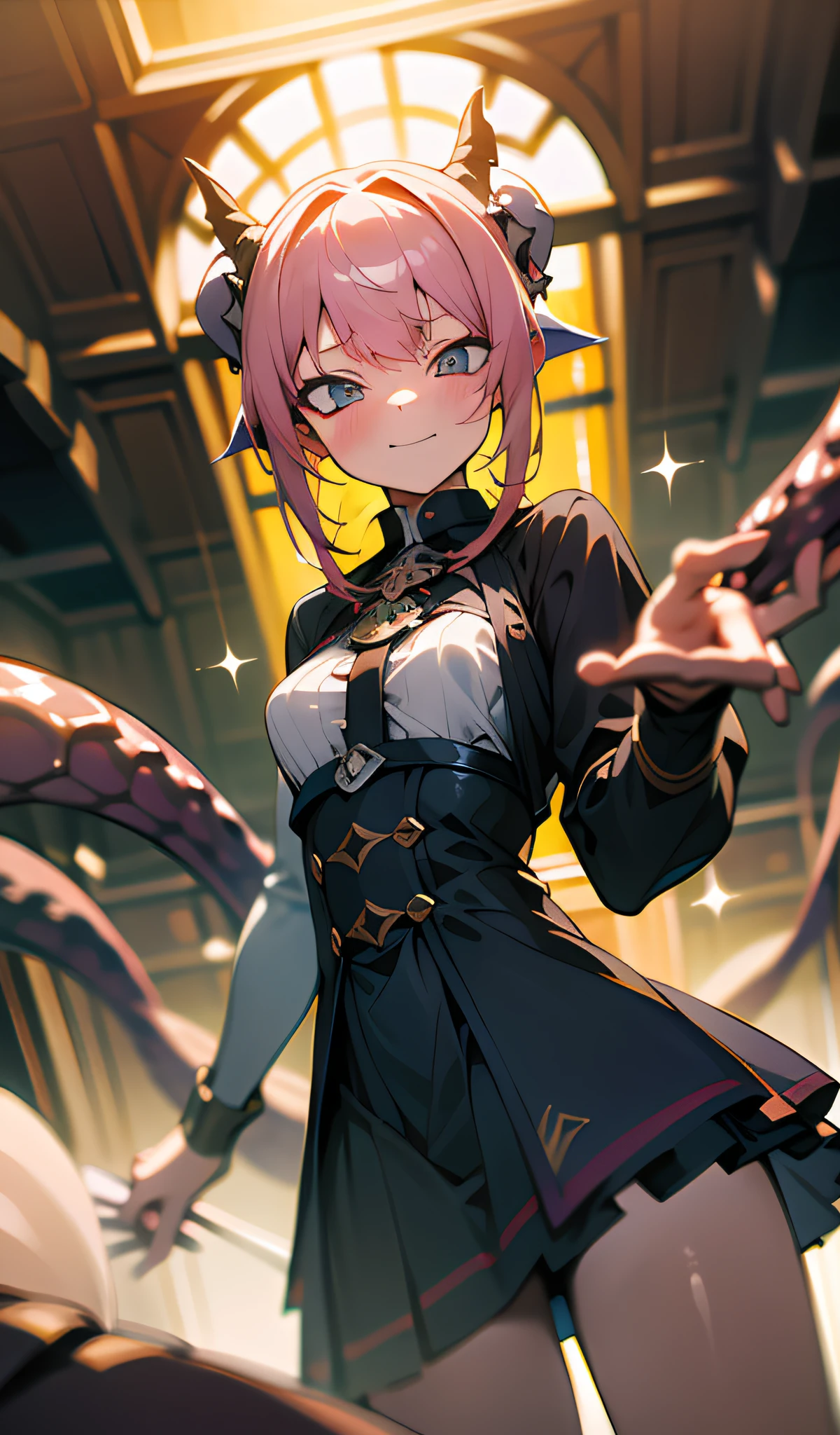 Masterpiece, high resolution, anime style beautiful girl, being in a dirty beaker, immersed in liquid, homunculus, magic circle, small room with phosphorescent flash, perfect beautiful girl, no clothes, luminous from within, staring at the viewer, laughter, blush, 3d rendering, perspective, amazing anime illustrations, impressive lighting, fantastic, dangerous, monstrous, countless tentacles entangled, milking,