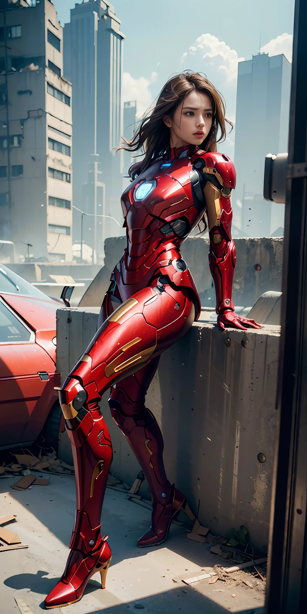 RAW, Masterpiece, Super Fine Photo,, Best Quality, Ultra High Resolution, Photorealistic Photorealism, Sunlight, Full Body Portrait, Amazing Beauty,,Dynamic Pose,Delicate Face,Vibrant Eyes,(From the side), He Wears Futuristic Iron Man Mech, Red and Gold Color Scheme, Very Detailed Abandoned Warehouse Background, Detailed Face, Detailed Complex Busy Background, Messy, Gorgeous, Milky White, Highly Detailed Skin, Realistic Skin Details, Visible Pores, Sharp Focus, Volume Fog, 8K UHD, DSLR camera, high quality, film grain, fair skin, photorealism, lomography, huge metropolis in a future dystopia, seen from below, translucent