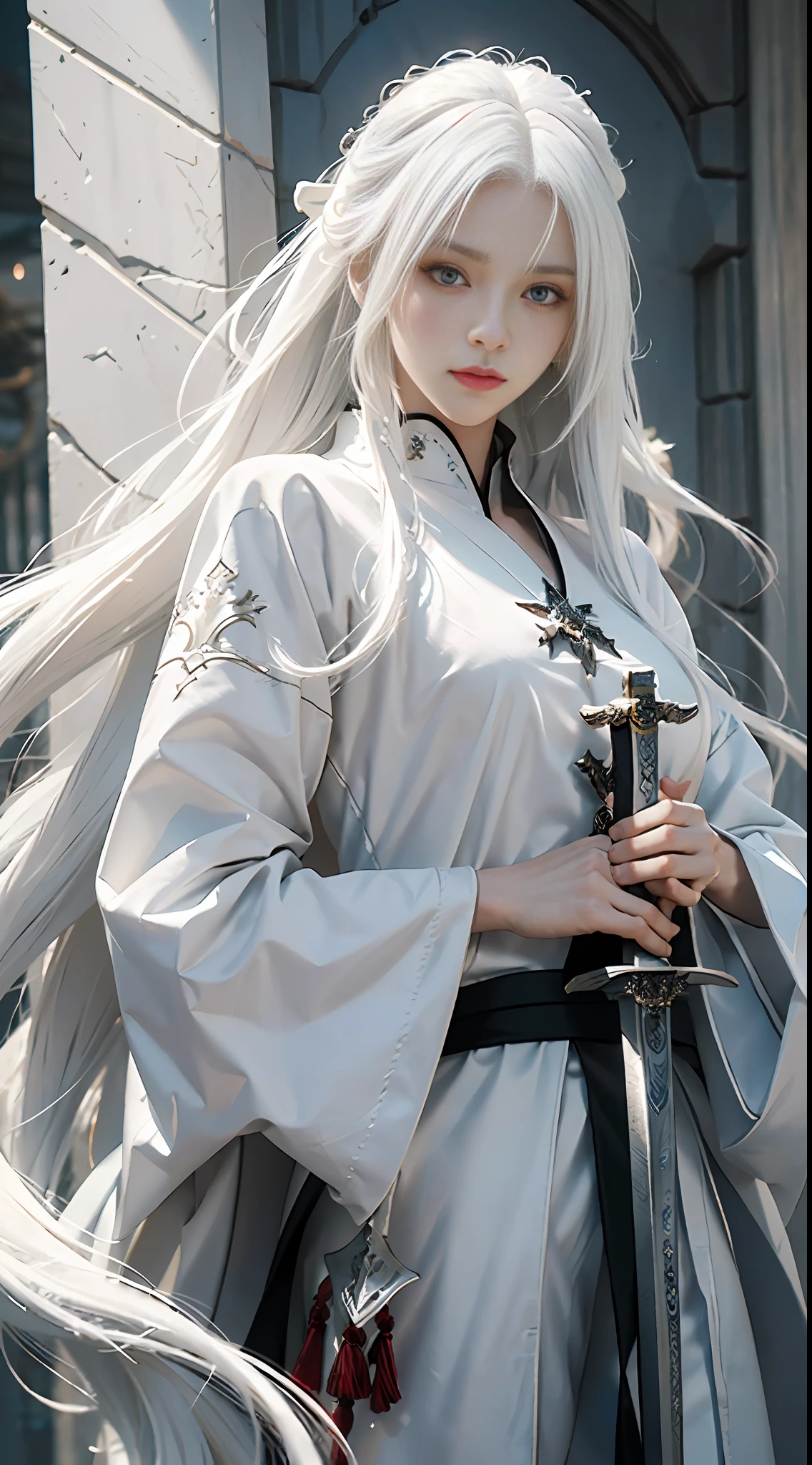 a close up of a person with white hair and a sword, white haired deity, with white long hair, with long white hair, artwork in the style of guweiz, white haired, guweiz, handsome guy in demon slayer art, beautiful character painting, by Yang J, white-haired, guweiz on pixiv artstation, anime character