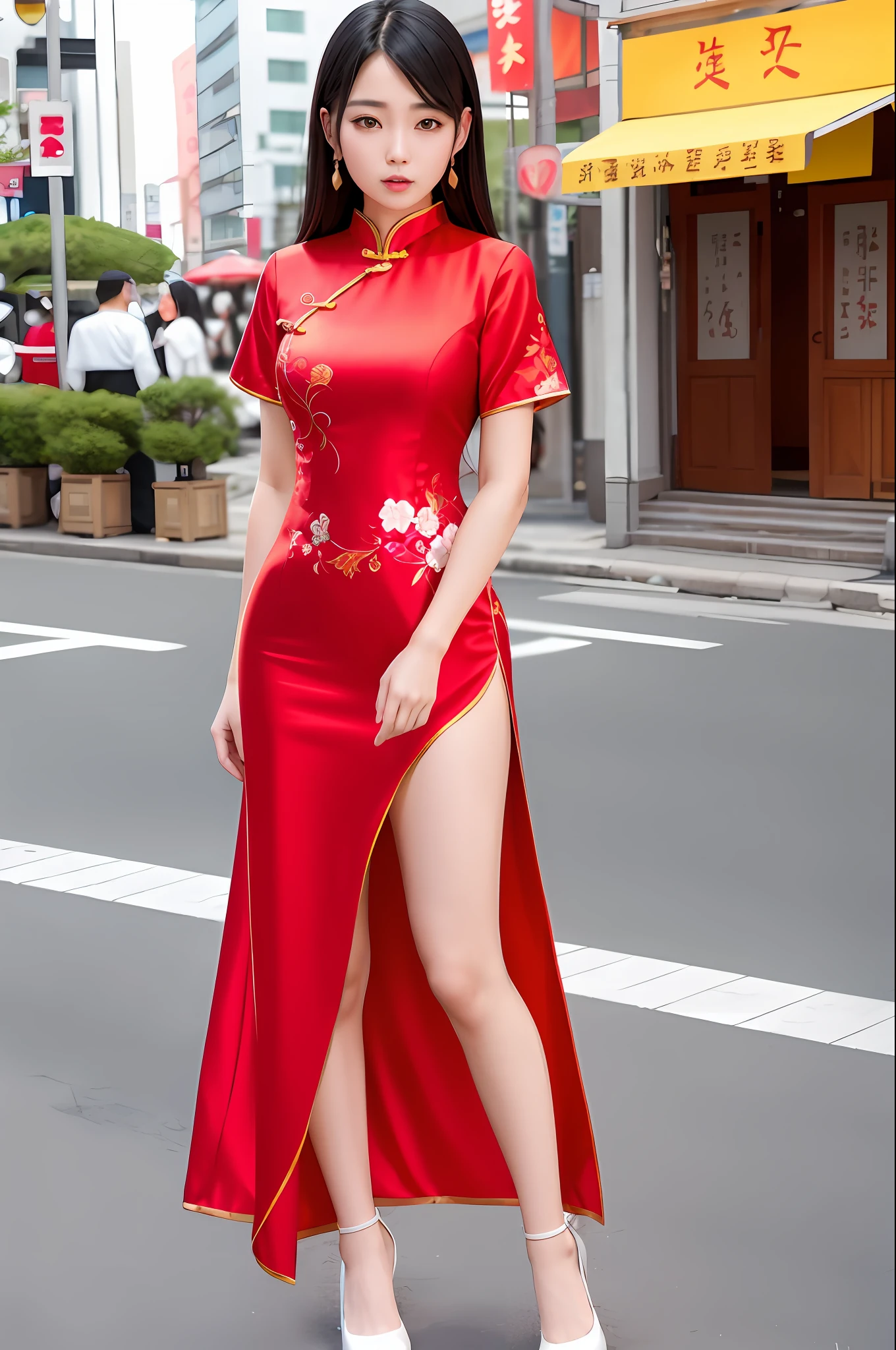 Woman in Chinese dress standing on street corner, bare legs, soft thighs, chinese girl, chinese woman, beautiful asian girl, gorgeous chinese model, young asian girl, chinese dress, asian girl, asian woman, traditional china, young asian woman, korean girl, cute young woman, beautiful asian woman, cheongsam, asian woman, Japan model, Chinese style, Japan goddess
