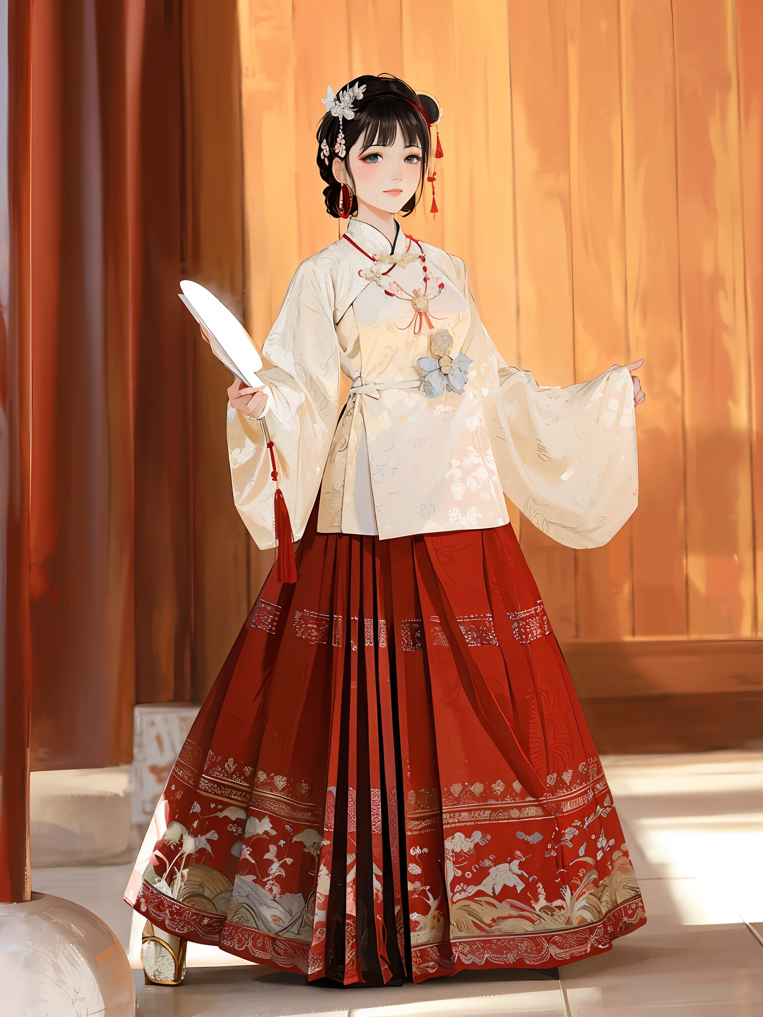 Araki woman in red and beige dress standing next to vase, Hanfu, dressed in ancient Chinese costume, Tang dynasty, traditional Chinese clothing, Chinese costume, Chinese costume, Hanfu girl, Chinese Traditional, ancient Chinese princess, cheongsam, inspired by ancient Asian dynasty princess Tangdi, gray and white background, photo studio