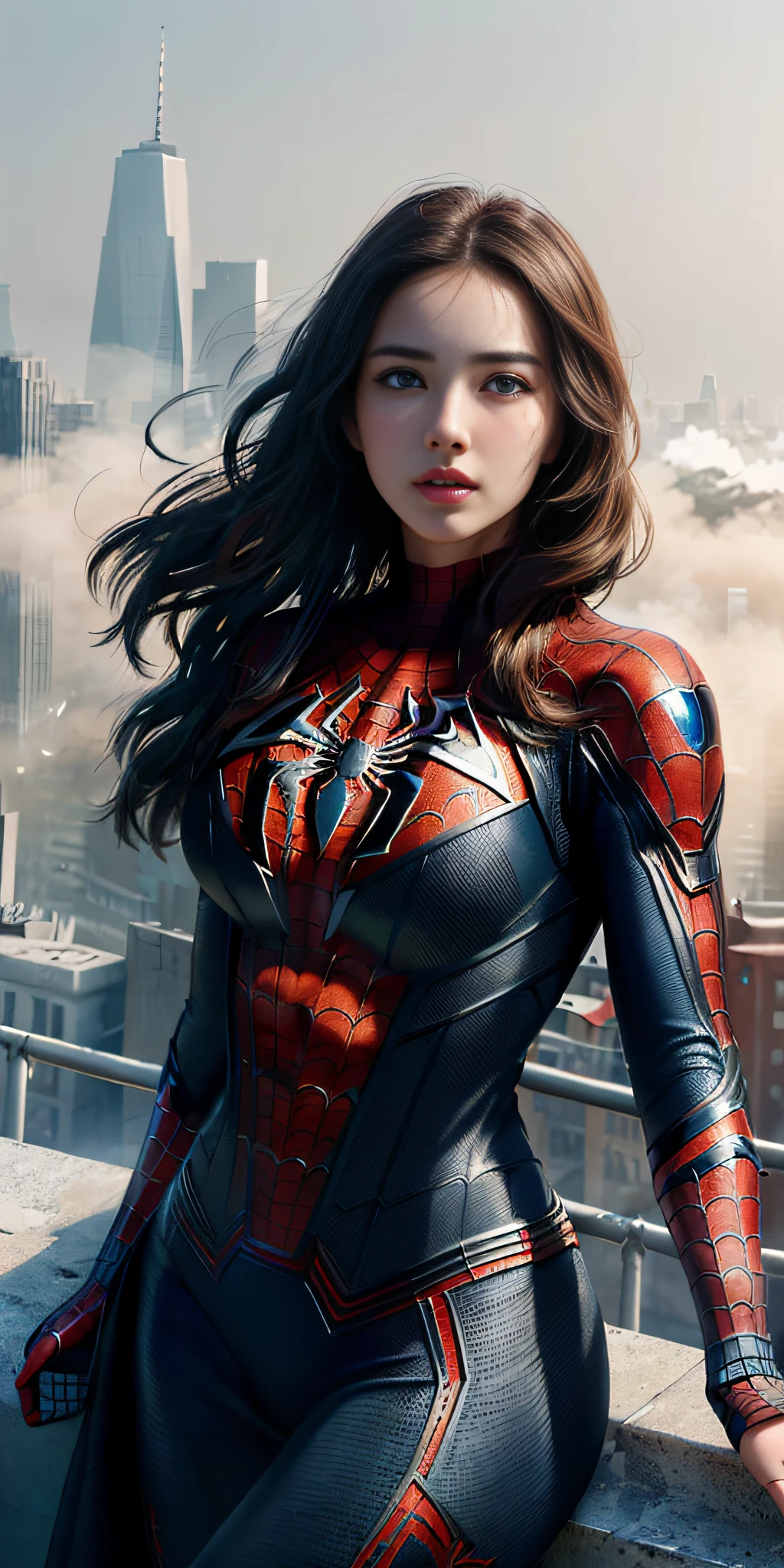 (1girl:1.3), Solo, (((Very detailed face)))), ((Very detailed eyes and face)))), Beautiful detail eyes, Body parts__, Official art, Unified 8k wallpaper, Super detailed, beautiful and beautiful, beautiful, masterpiece, best quality, original, masterpiece, super fine photo, best quality, super high resolution, realistic realism, sunlight, full body portrait, amazing beauty, dynamic pose, delicate face, vibrant eyes, (from the front), She is wearing a Spider-Man suit, red and black color scheme, spider, very detailed city roof background, rooftop, overlooking the city, detailed face, detailed complex busy background, messy, gorgeous, milky white, highly detailed skin, realistic skin details, visible pores, clear focus, volumetric fog, 8k uhd, DSLR, high quality, film grain, fair skin, photo realism, lomography, futuristic dystopian giant metropolis, translucent, large , Contour your curves, your hips, be delicate, and be in a desperate situation