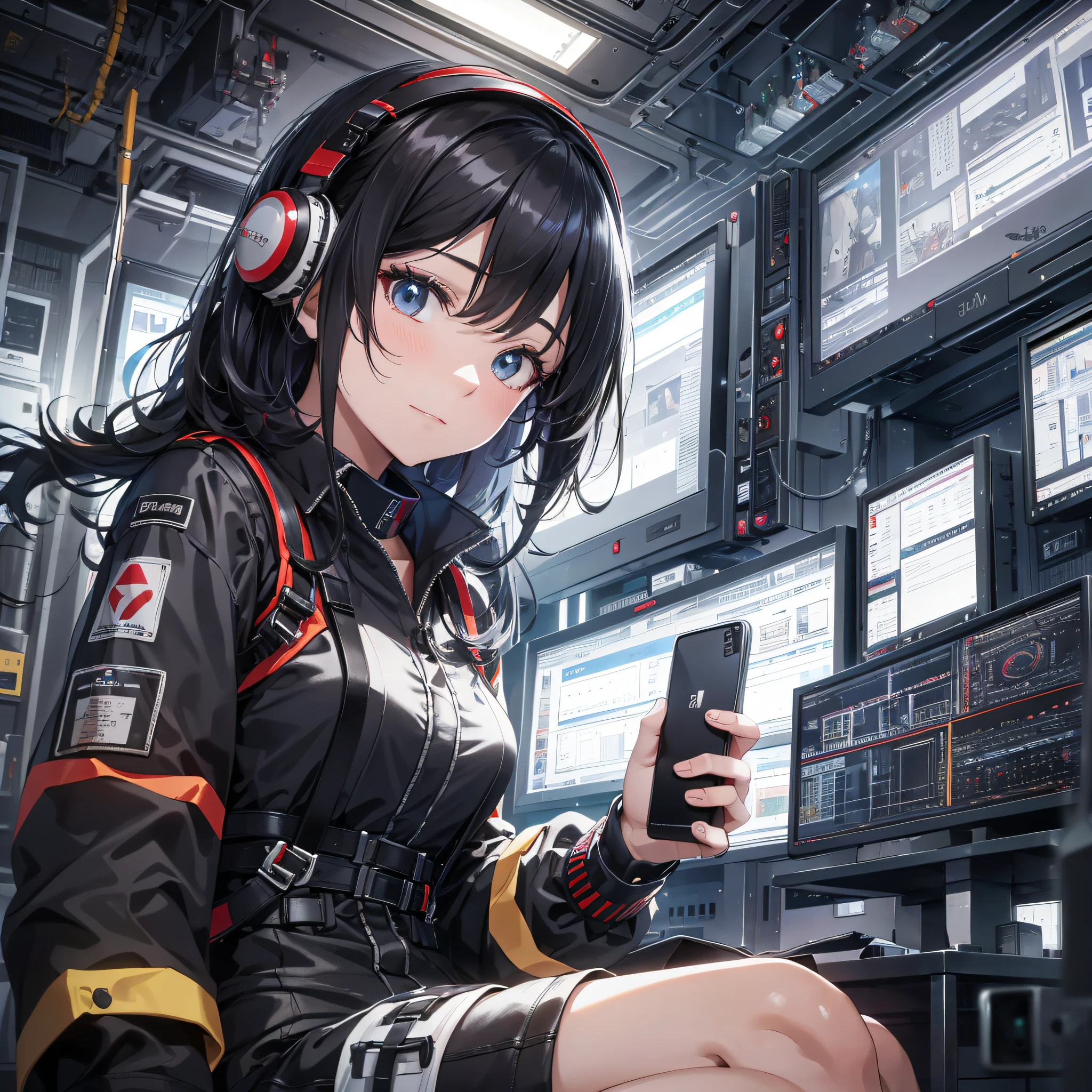 Absurd resolution, high resolution, (masterpiece: 1.4), hyper-detail, night, black-haired young woman dressed as a technician, with a shy expression, looking at a mobile phone, sitting in an extremely narrow mecha control room