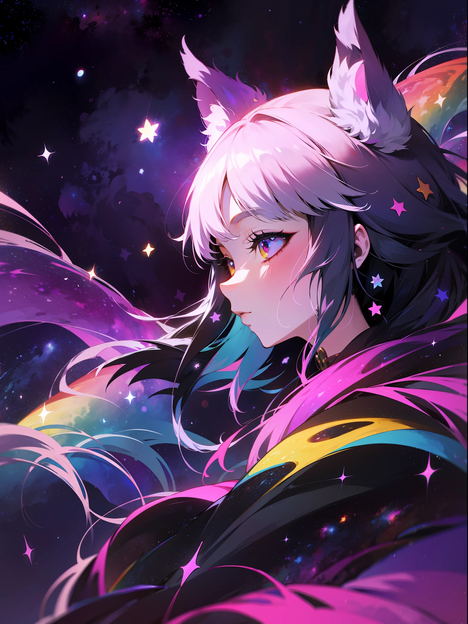 Mononoke hime with black wolves, in rainbow colored cosmic nebula background, stars, galaxies