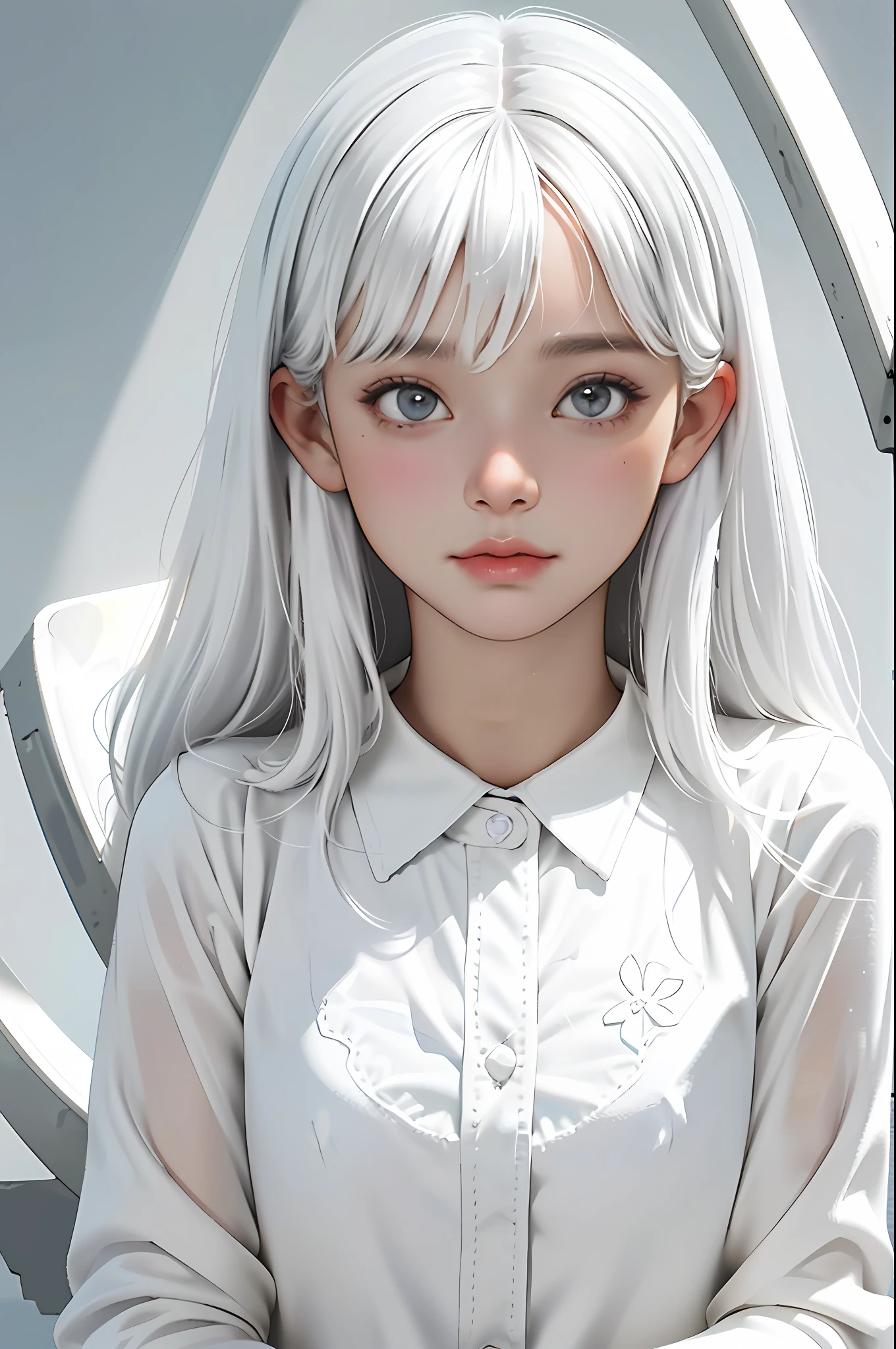 (Best Quality, Masterpiece1.2), (Detailed Eye:1.2), Intricate Details, Depth of Field, (White Shirt, Viewer Look, Upper Body, Simple Background), 1girl, White Hair, Bangs, Gray Eyes