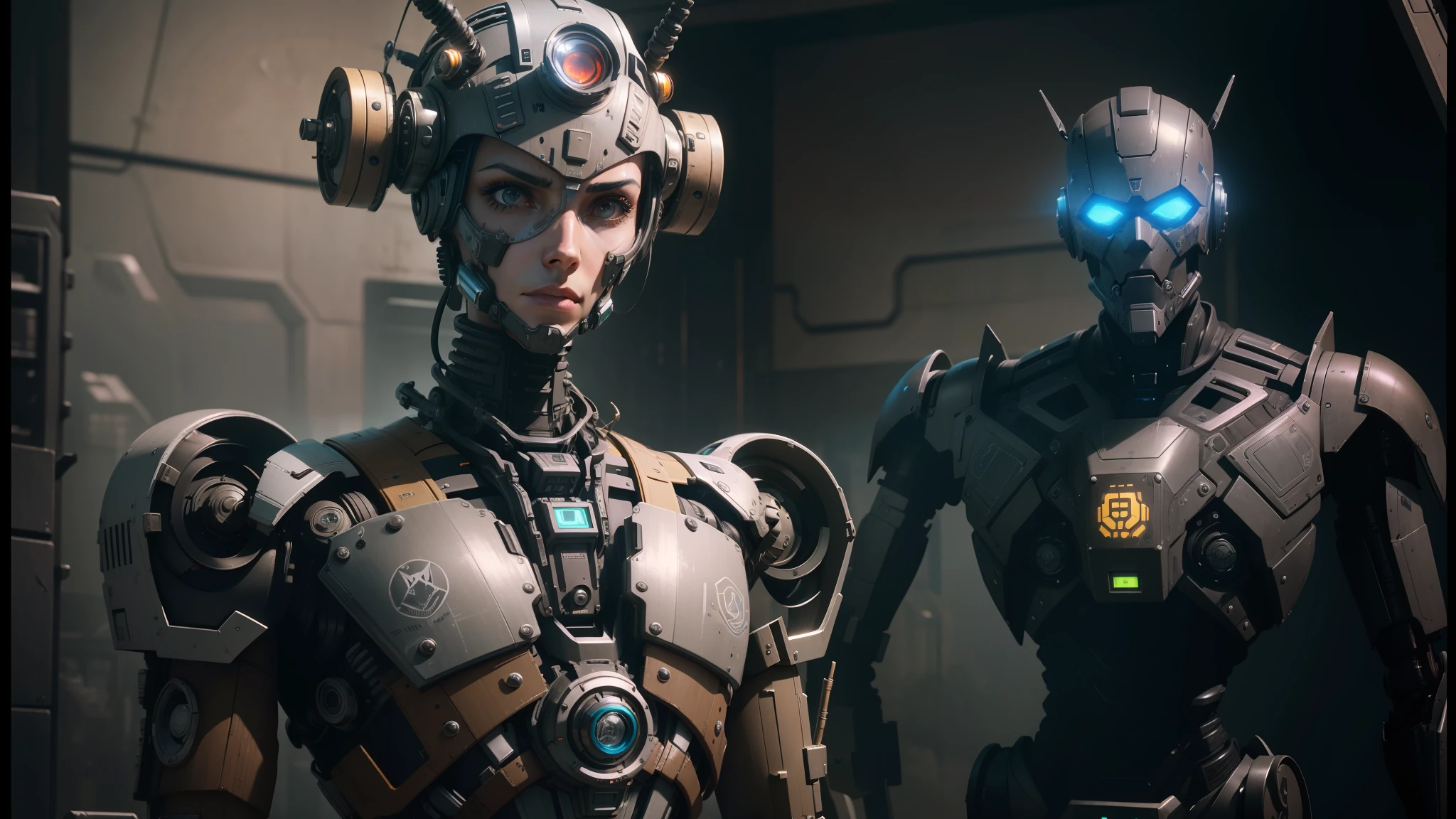 there are two robots that are standing next to each other, machines and futurist robots, death and robots, robot cyborgs, dieselpunk cyborgs, cyber steampunk 8 k 3 d, humanoid robots, still from alita, movie still of aztec cyborg, futuristic robots, from a 2 0 1 9 sci fi 8 k movie --auto --s2