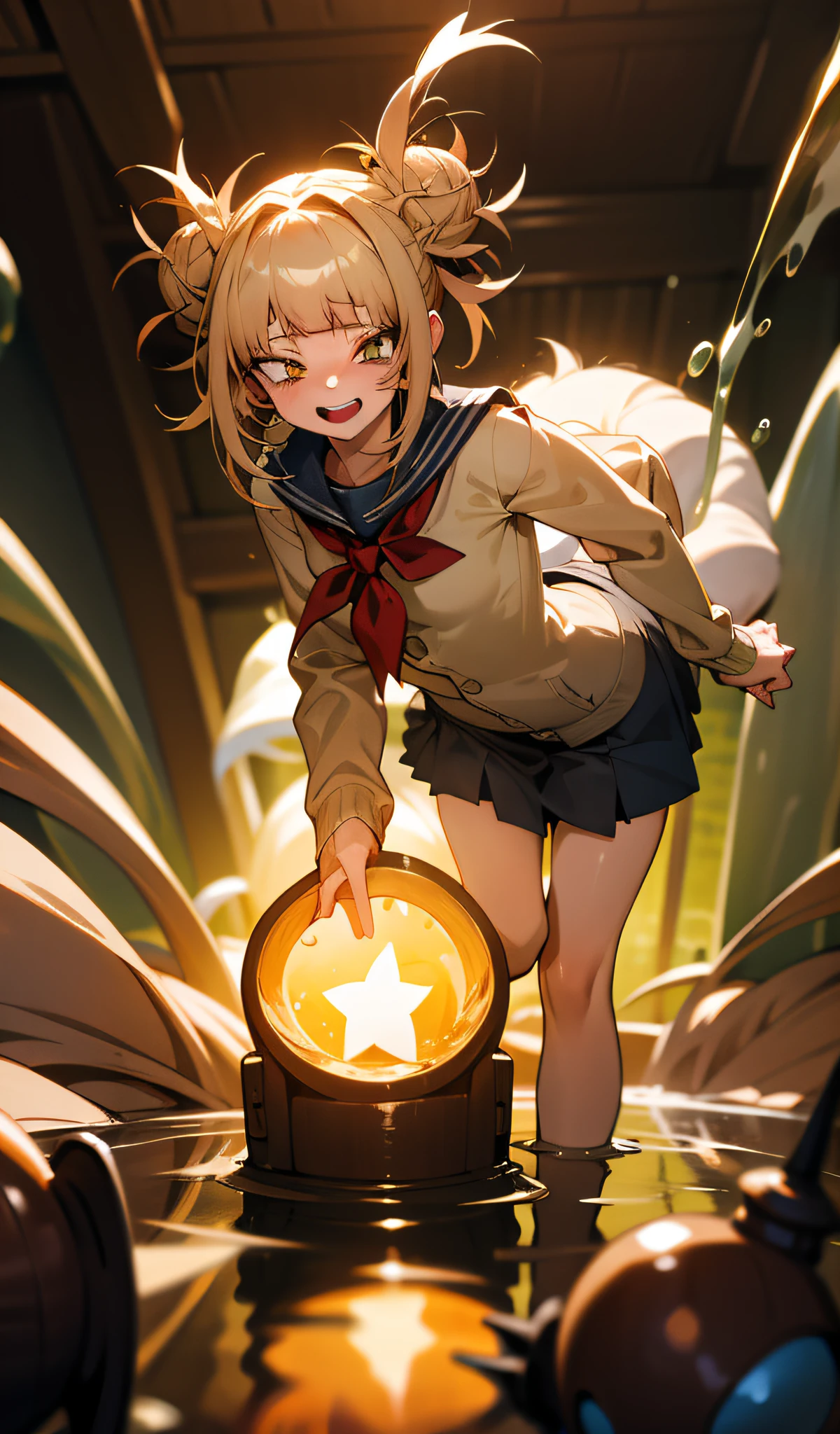 Masterpiece, high resolution, anime style beautiful girl, being in a dirty beaker, immersed in liquid, homunculus, magic circle, small room with phosphorescent flash, perfect beautiful girl, no clothes, luminous from within, staring at the viewer, laughter, 3d rendering, perspective, amazing anime illustration, impressive lighting, fantastic, dangerous, monstrous