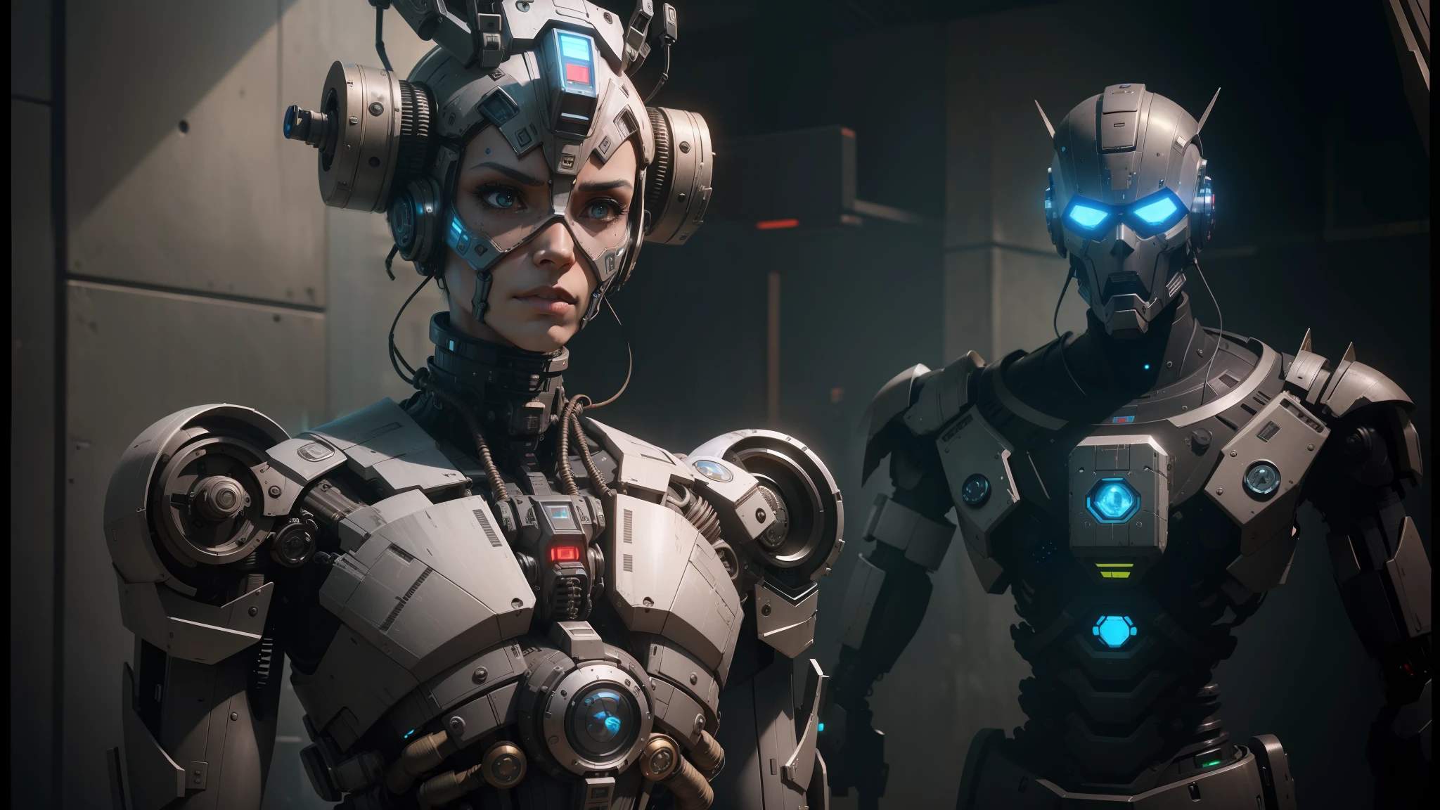 there are two robots that are standing next to each other, machines and futurist robots, death and robots, robot cyborgs, dieselpunk cyborgs, cyber steampunk 8 k 3 d, humanoid robots, still from alita, movie still of aztec cyborg, futuristic robots, from a 2 0 1 9 sci fi 8 k movie --auto --s2