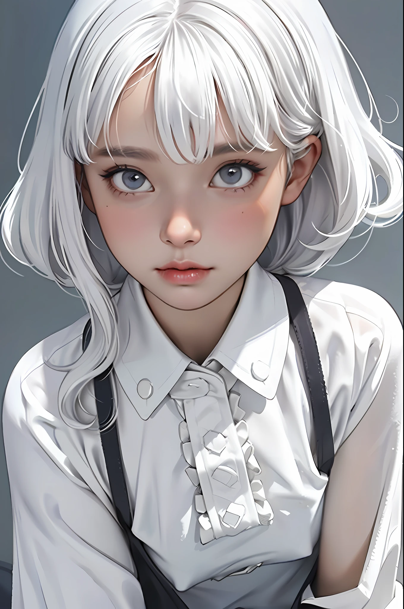 (Best Quality, Masterpiece1.2), (Detailed Eye:1.2), Intricate Details, Depth of Field, (White Shirt, Viewer Look, Upper Body, Simple Background), 1girl, White Hair, Bangs, Gray Eyes