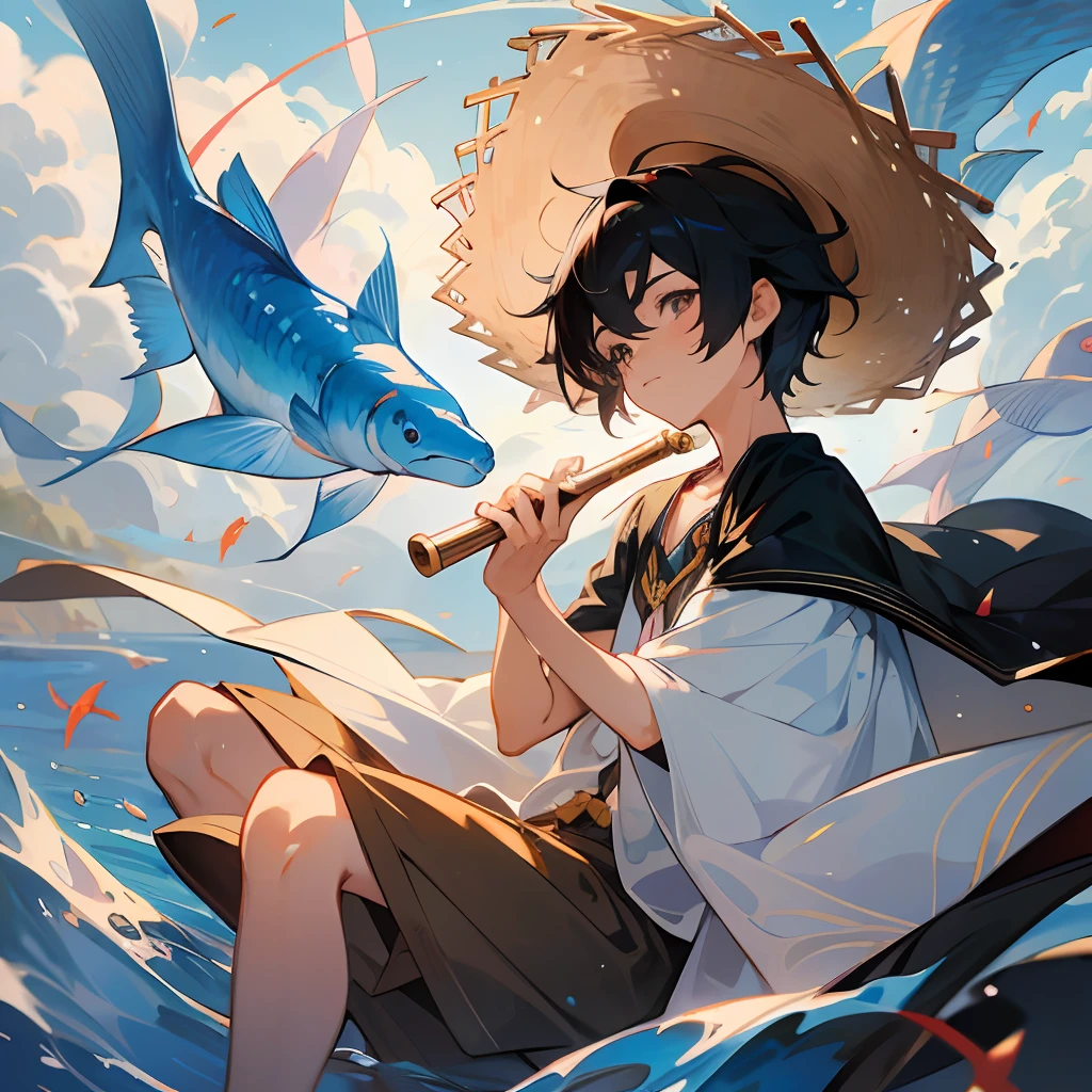 Anime black-haired male pupil cute boy, wearing short-sleeved shorts, wearing a straw hat with two ribbons and countless wind chimes, a long cape floating in the sky, playing a flute sitting on the back of a huge fish composed of water, the fish takes the boy to the sky, and leads countless small fish behind him to advance together, the picture is dreamy and beautiful --auto --s2