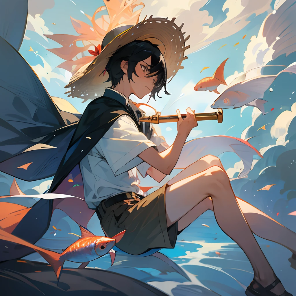 Anime black-haired male pupil cute boy, wearing short-sleeved shorts, wearing a straw hat with two ribbons and countless wind chimes, a long cape floating in the sky, playing a flute sitting on the back of a huge fish composed of water, the fish takes the boy to the sky, and leads countless small fish behind him to advance together, the picture is dreamy and beautiful --auto --s2