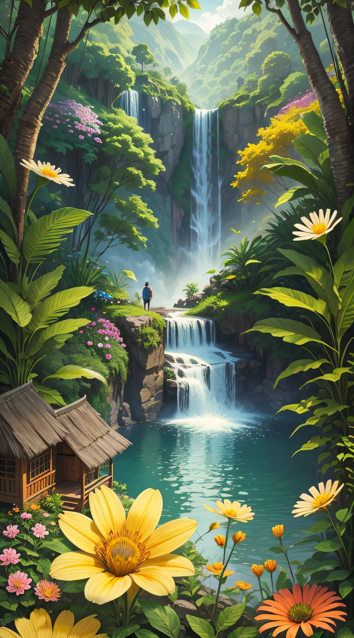 jungle, waterfall, surrounded with wild flowers. a tiny hut with a person standing on its porch, viewed from afar. masterpiece, best quality, high detailed