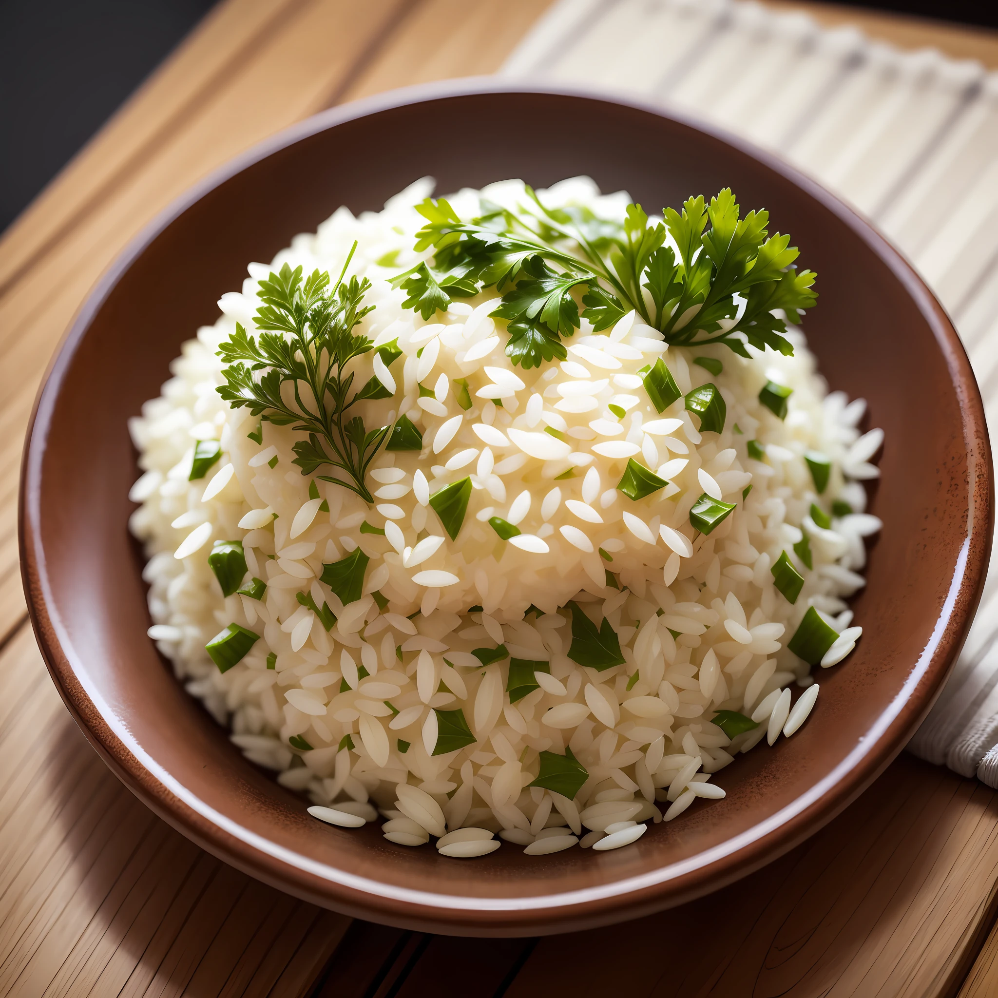 Rice, with a little parsley, on a wooden plate --auto --s2