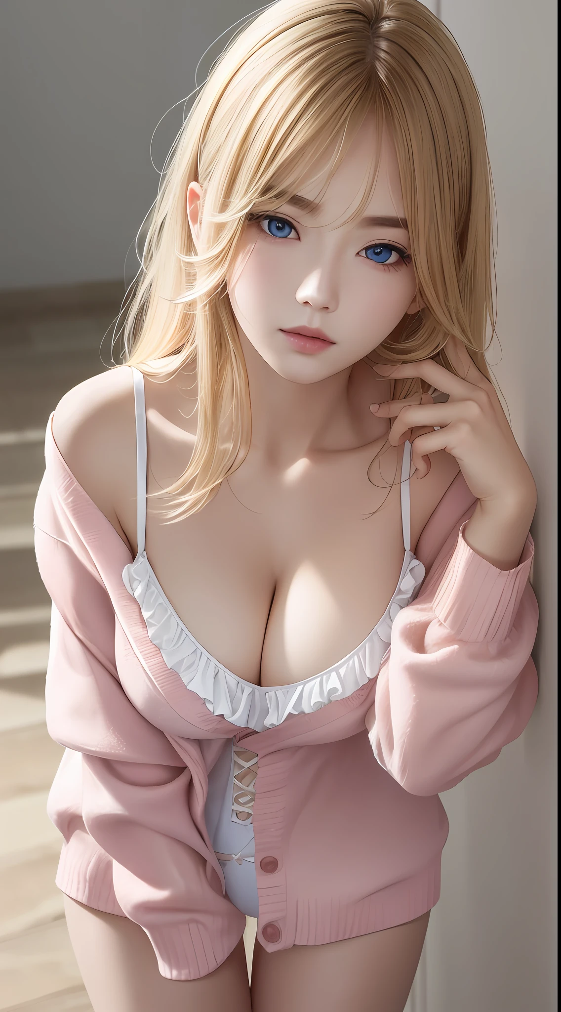 8k, best quality, real picture, intricate details, ultra-detailed, ultra highres, depth field,(photorealistic,realistic:1.2),masterpiece,good hand,4k, high-res, masterpiece, best quality, 1girl, (Korean K-pop idol), White lingerie, finely detailed skin, sharp focus, (cinematic lighting), collarbone, morning, soft lighting, dynamic angle, [:(detailed face:1.2):0.2], armpit crease, thigh gap, slender, medium breasts, chest, full body, lipstick,blue eye,tareme,blonde hair,messy hair,pink cardigan,breast hold,slouching,from above,