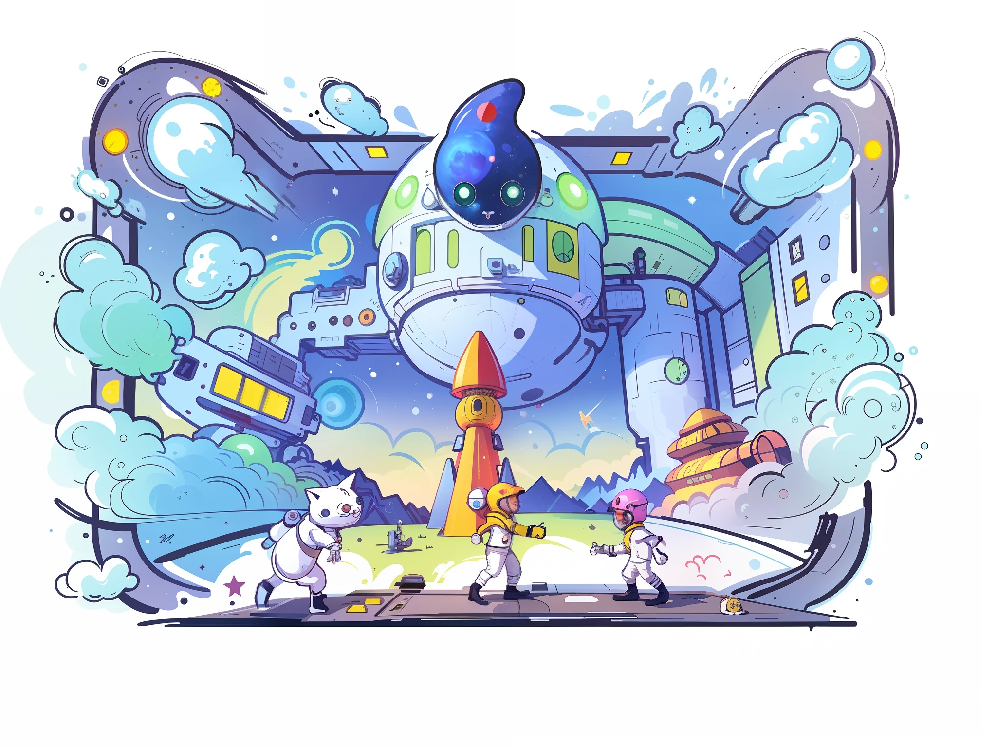 Tmall cat head shaped space station, in the middle is the upcoming rocket launch, Almeida Junior, concept illustration, concept illustration, alienation, full color illustration, alliance, Daphne Allen, commercial illustration, blur and dream illustration, concept illustration, illustration, promotional art, portfolio illustration, official concept art, album cover concept art, concept piece