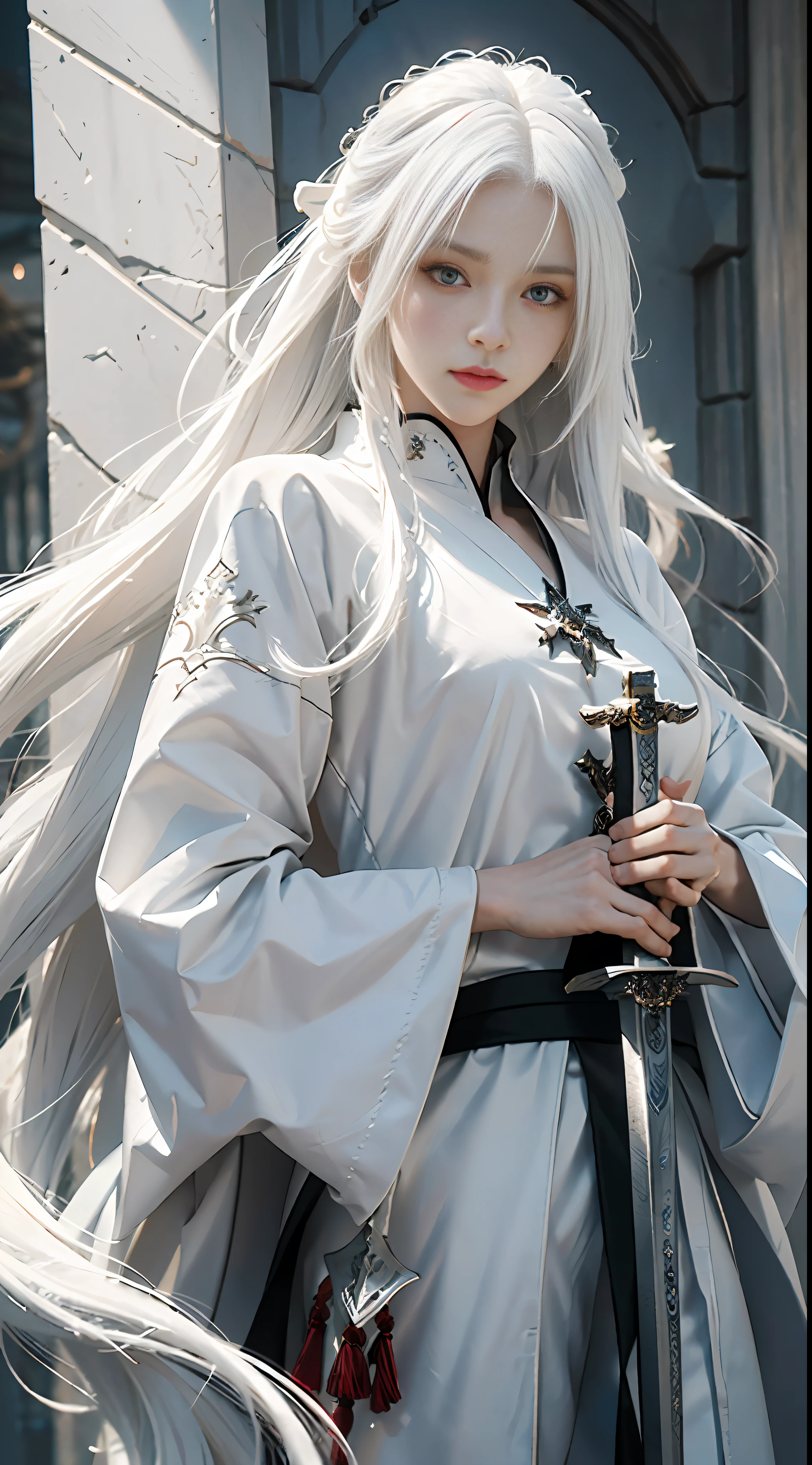 a close up of a person with white hair and a sword, white haired deity, with white long hair, with long white hair, artwork in the style of guweiz, white haired, guweiz, handsome guy in demon slayer art, beautiful character painting, by Yang J, white-haired, guweiz on pixiv artstation, anime character