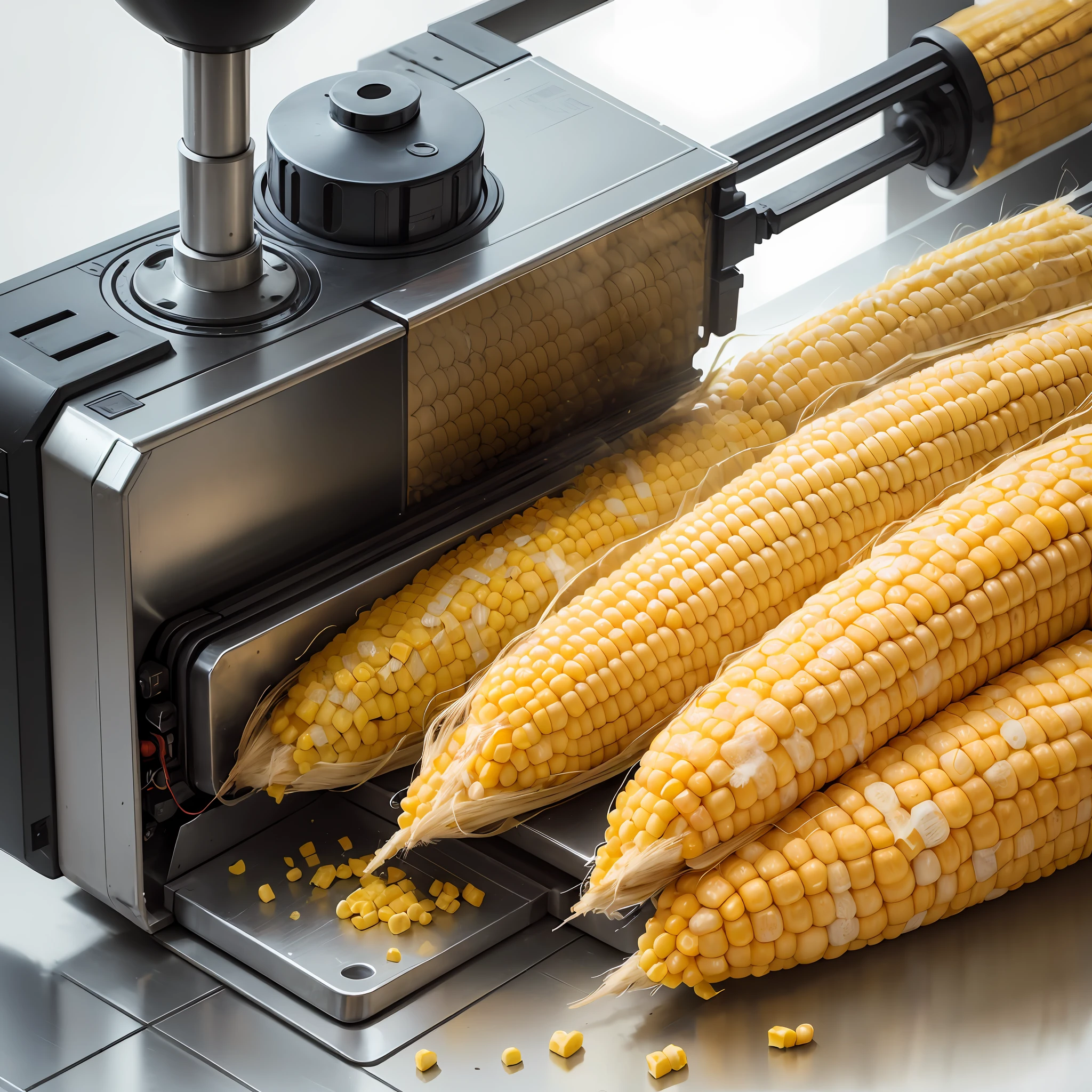 Main structure: The machine has a robust and stable rectangular structure, with approximate dimensions of 60 cm in length, 40 cm in width and 30 cm in height.

Feeding mechanism: A feeding mechanism located on the front of the machine pulls the corn into the husher, allowing the continuous flow of the corn to be processed.

Adjustable cutting blades: Inside the peeler, there are strategically positioned adjustable cutting blades. These blades are adjustable for different sizes of corn and ensure accurate shelling.

Peeling system: The peeling system is driven by an electric motor located at the rear of the machine. This motor rotates the cutting blades at an appropriate speed to remove the corn husks without damaging the grains.

Collection container: A collection container is positioned just below the cutting blades. It allows the husked corn to be directed to a separate compartment from the husks, facilitating its collection and later use.

Control interface: On the front of the machine, there is a control interface with buttons or a touch screen. These controls allow the housewife to turn on, off, and adjust the speed of the peeler as needed. --auto --s2