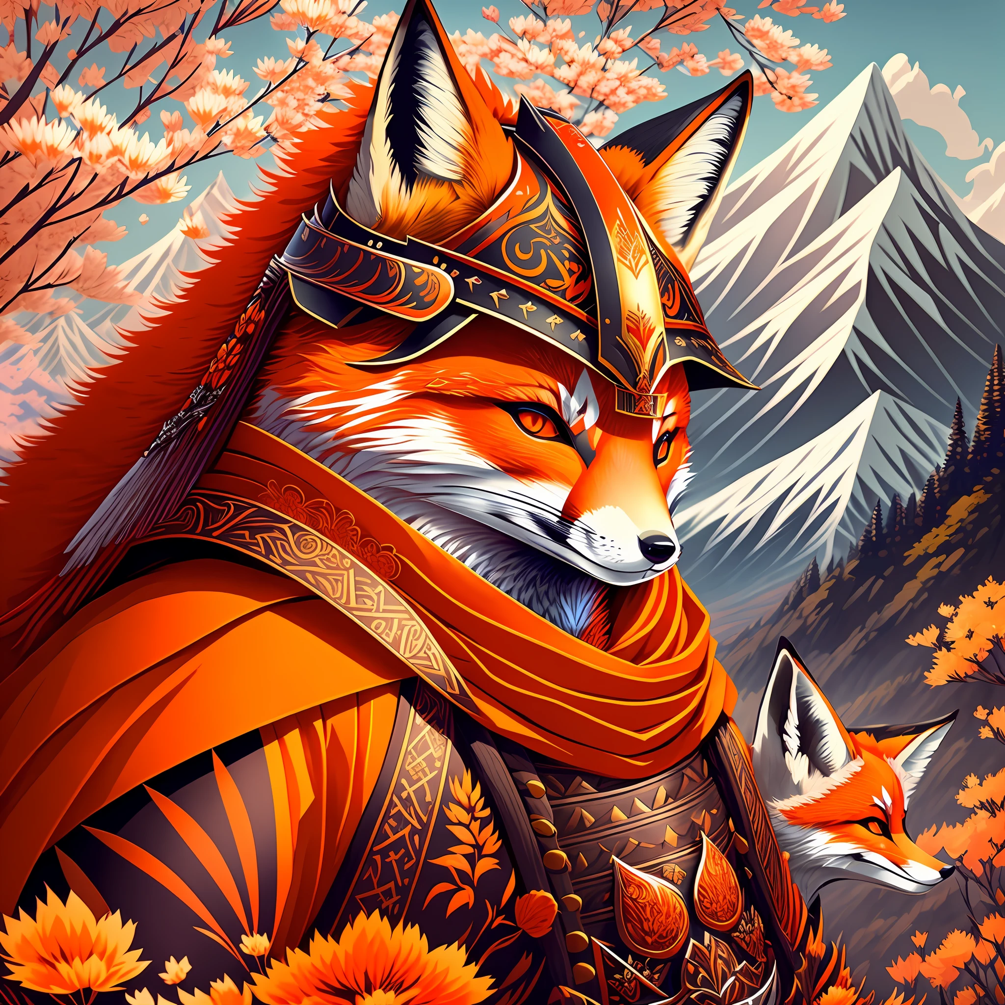 Imagine a highly detailed and visually striking prompt featuring a fox samurai facing forward, adorned with a traditional samurai helmet. The fox exudes confidence with its fiery orange fur and piercing eyes. The intricately designed helmet bears marks of honor and courage. In the background, cherry blossoms bloom and majestic mountains rise, symbolizing strength and resilience. --auto --s2