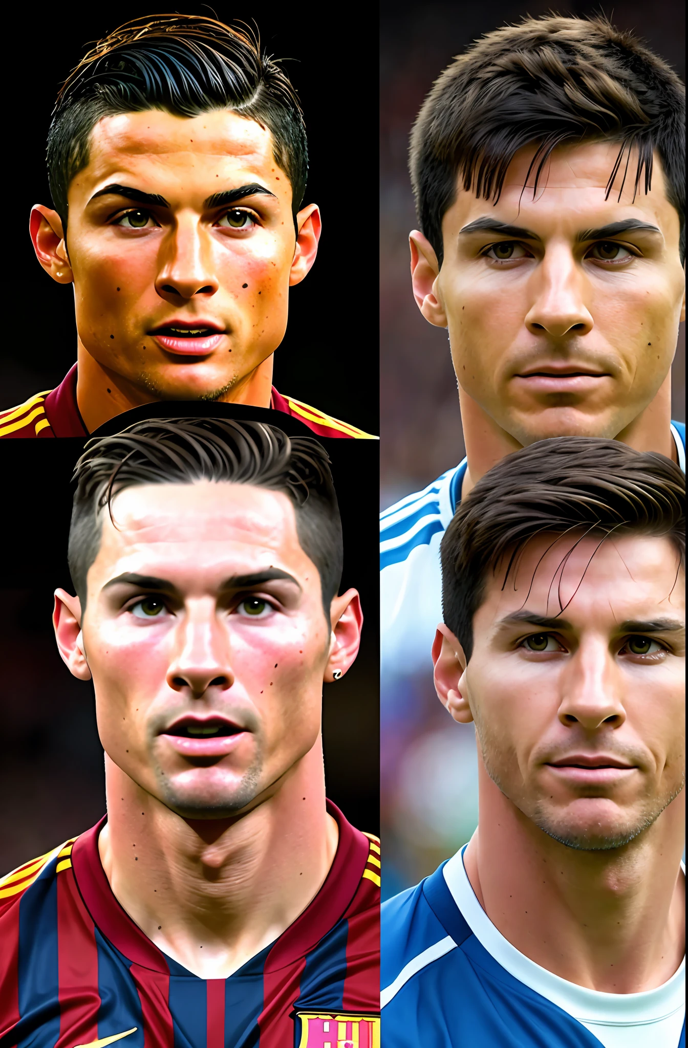 Cristiano Ronaldo switched faces with Lionel Messi, (very detailed face: 1.4), Nikon D850, film photography, 4 Kodak Portra 400, F1.6 camera lens, saturated colors, hyperrealistic, realistic texture, dramatic lighting, cinema still 800,