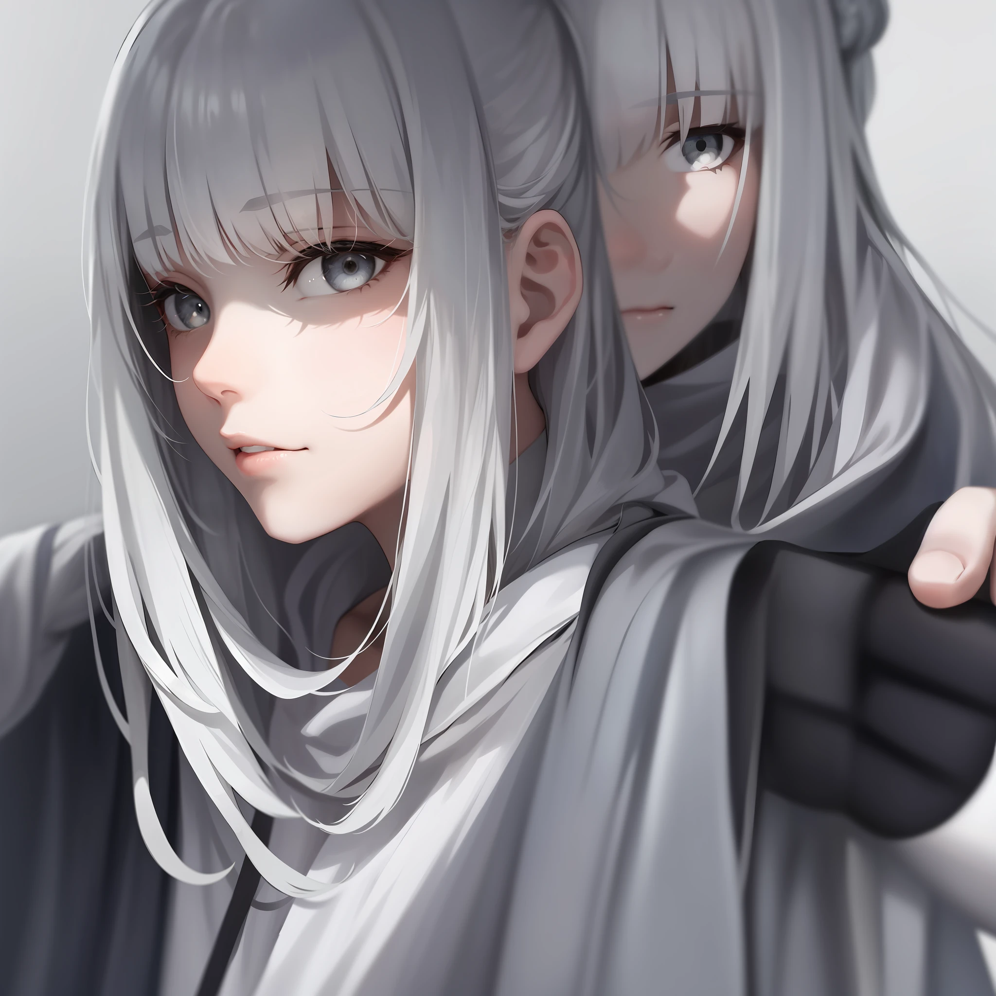 Young girl with long white hair, bangs, gray eyes